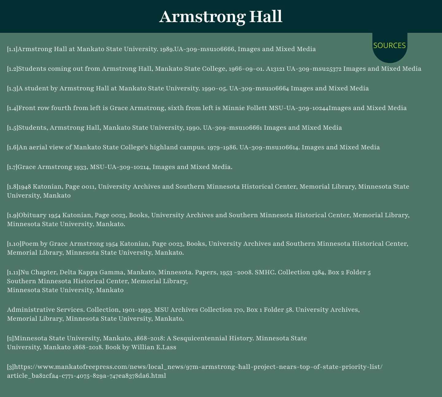 A webpage titled 'Armstrong Hall' with references and sources related to Mankato State University, including historical images and documents, on a dark green background with a small yellow highlighted 'SOURCES' tab.