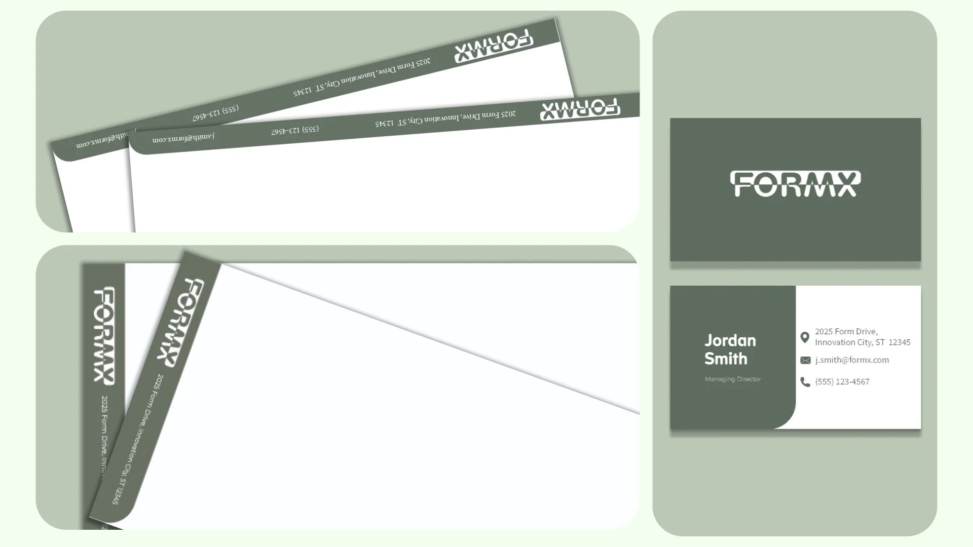 A set of branding materials for Formx, including mailing labels, business cards, and envelopes, all with a modern gray and white color scheme and minimalist design.