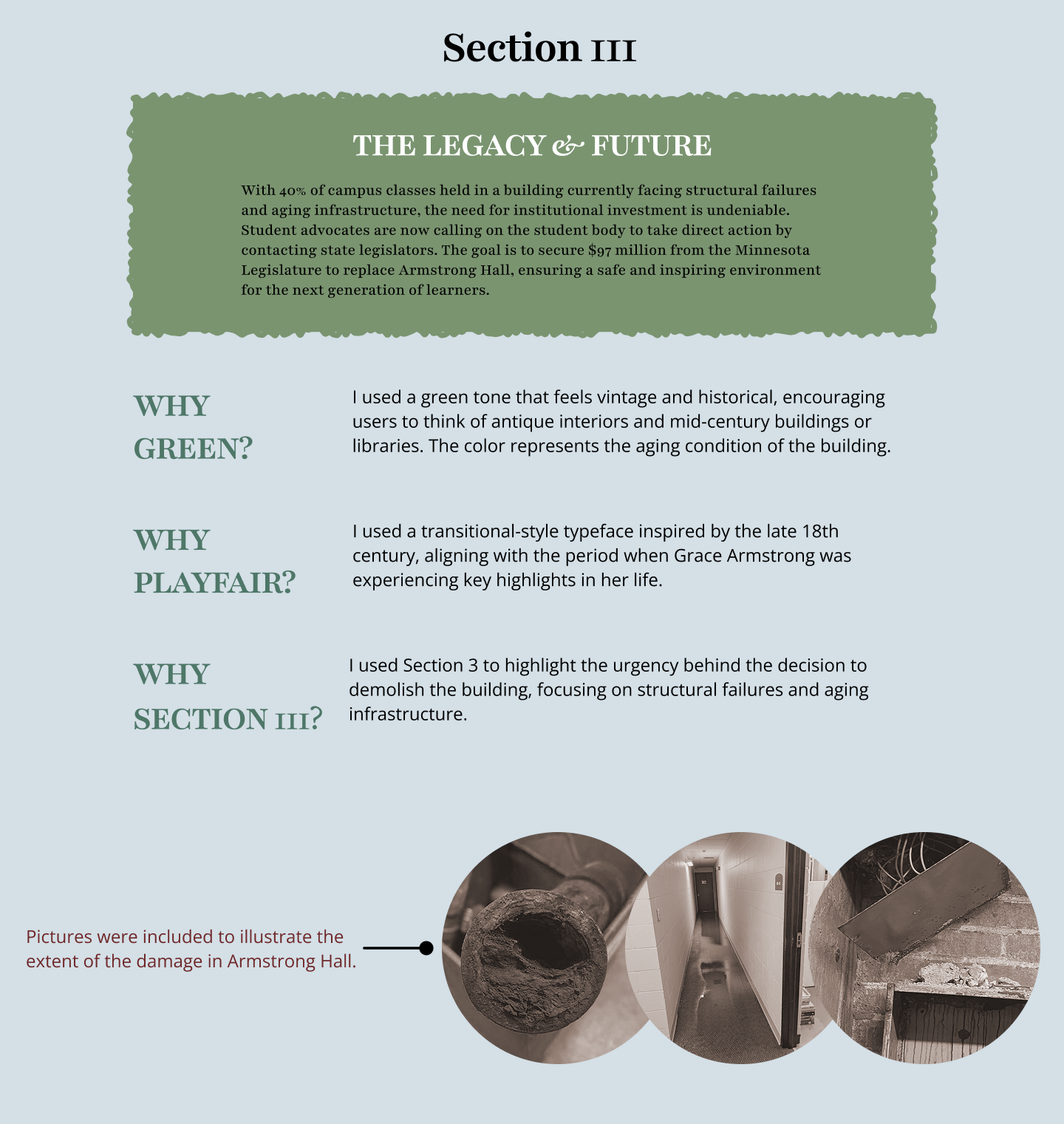 A page from a report or presentation discussing Armstrong Hall's structural issues, with photos showing damage and deterioration.