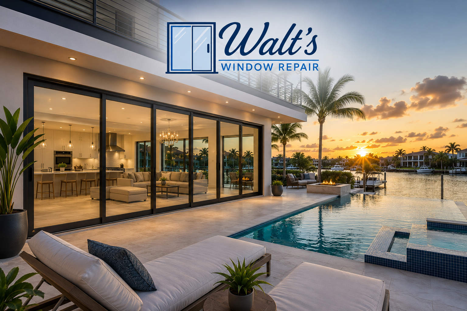Luxury modern house with large glass windows overlooking a canal, outdoor pool with lounge chairs, palm trees, and a sunset sky.
