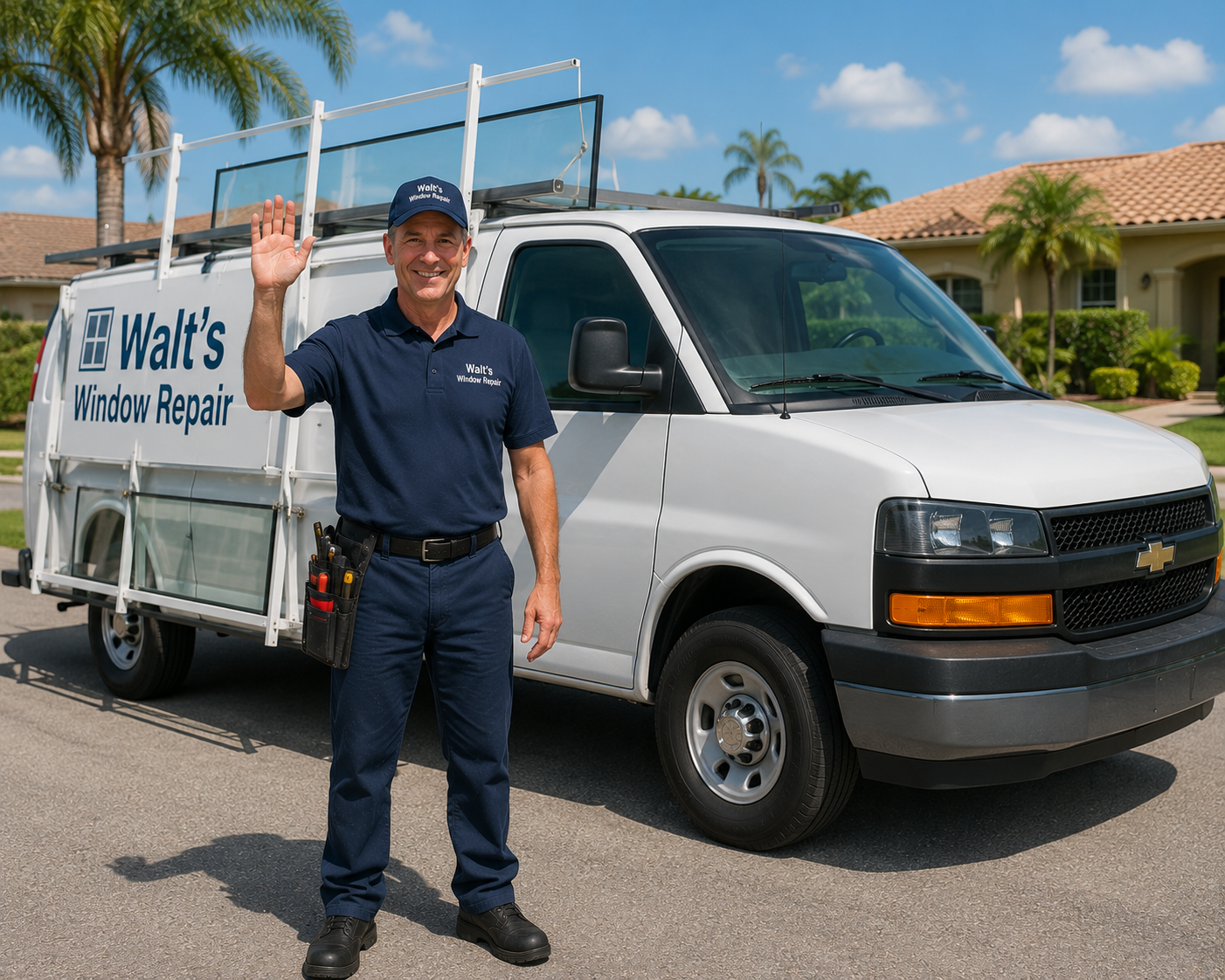 A man in a blue uniform waving next to a white work van with the sign 'Walt's Window Repair' parked in a residential neighborhood with houses and palm trees.