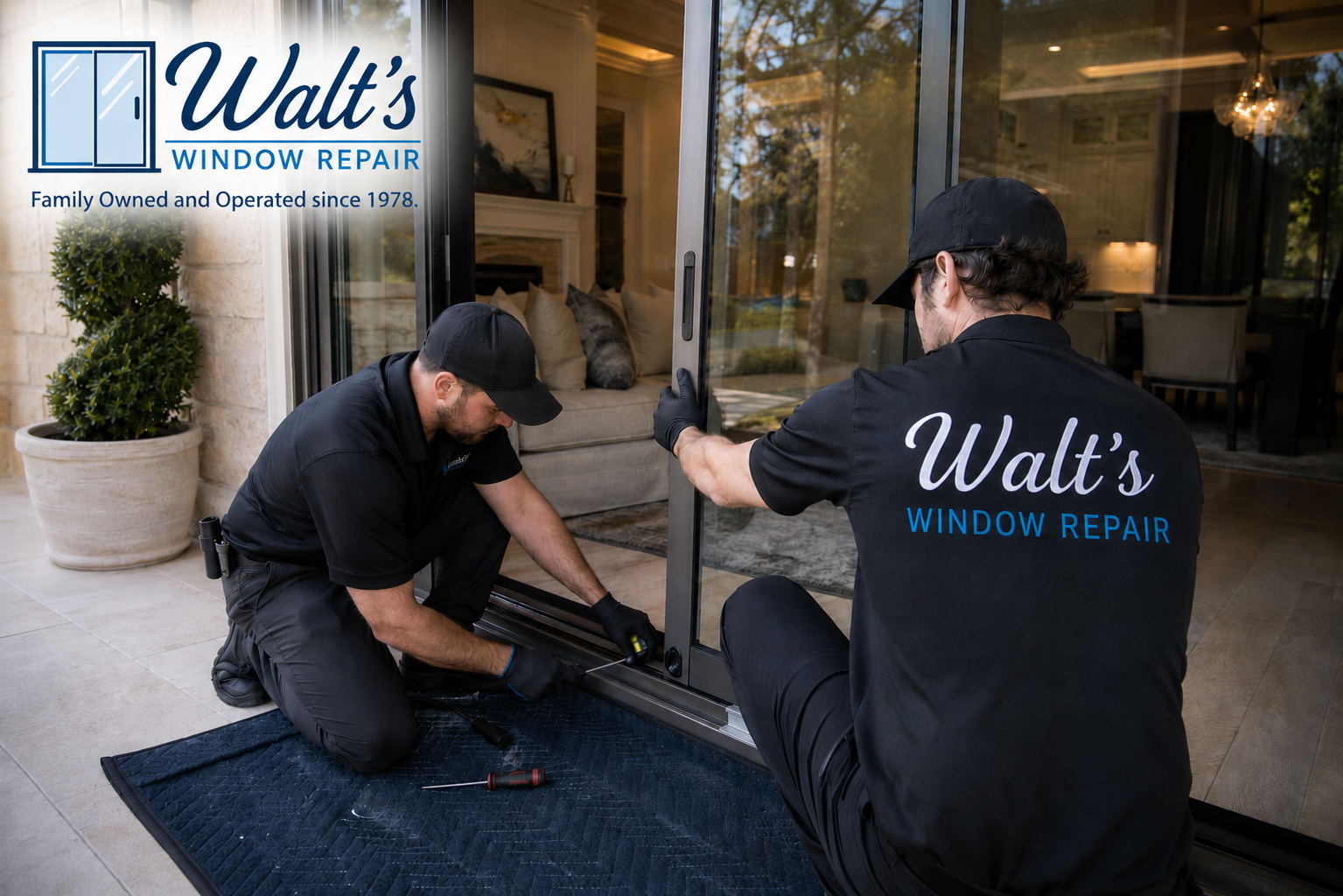 Two workers from Walt's Window Repair installing or repairing a sliding glass door at a residential home. One is kneeling, using tools, while the other is holding the door in place. The workers are dressed in black uniforms with the company logo.