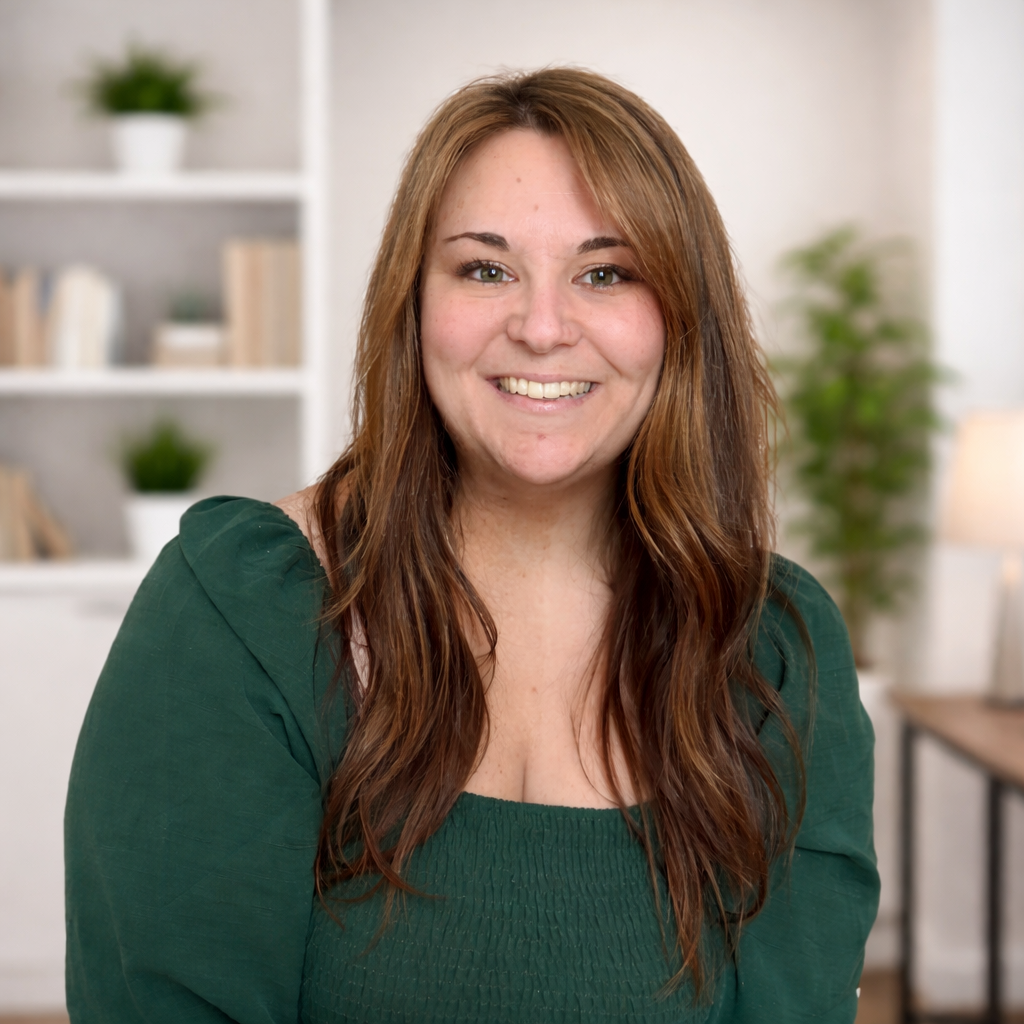 Picture of Nicole Herrington, virtual therapist and owner of Hopeful Futures Counseling, wearing a green outfit with an office background