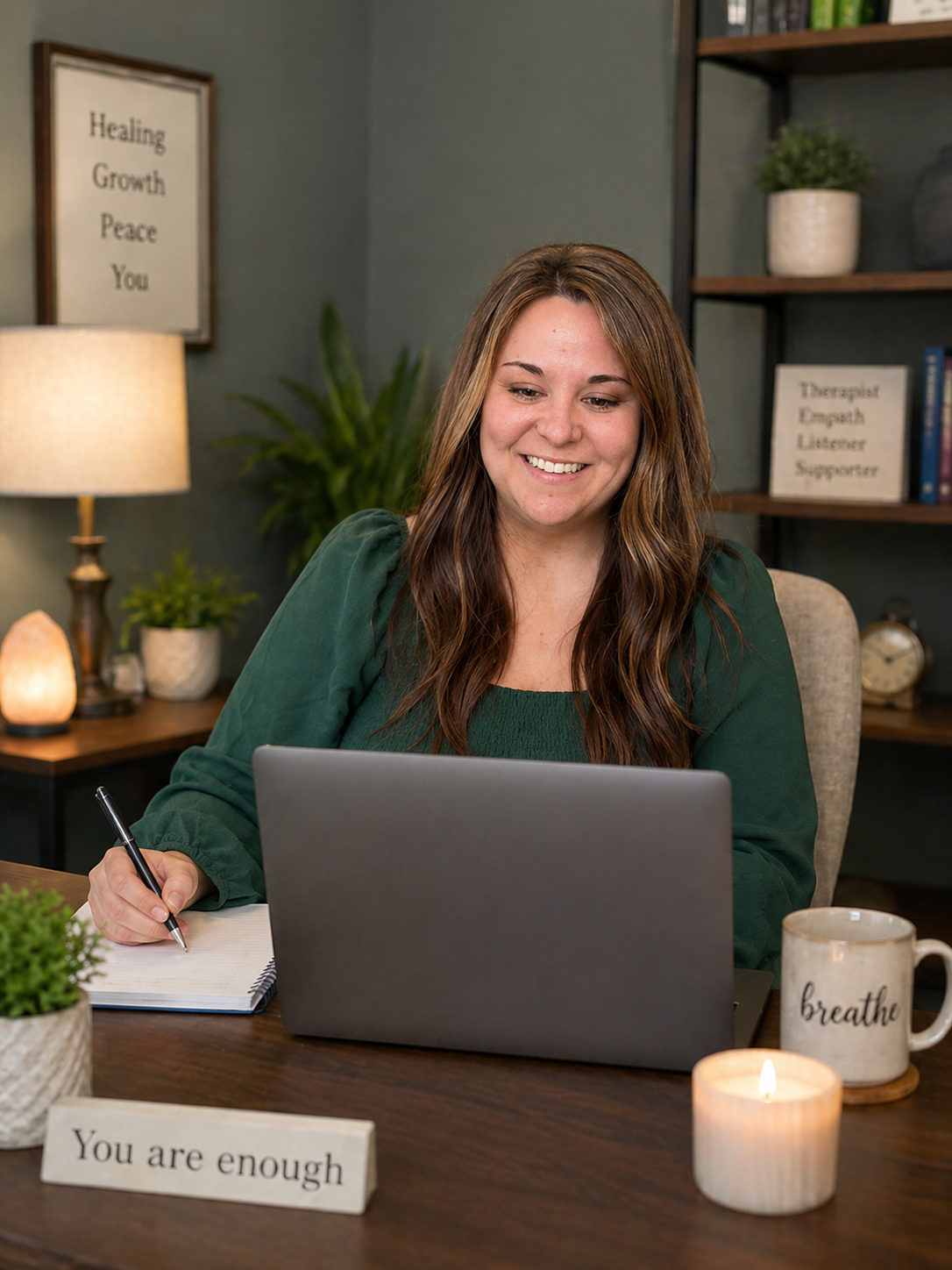 Therapist sitting at a desk with her laptop taking notes