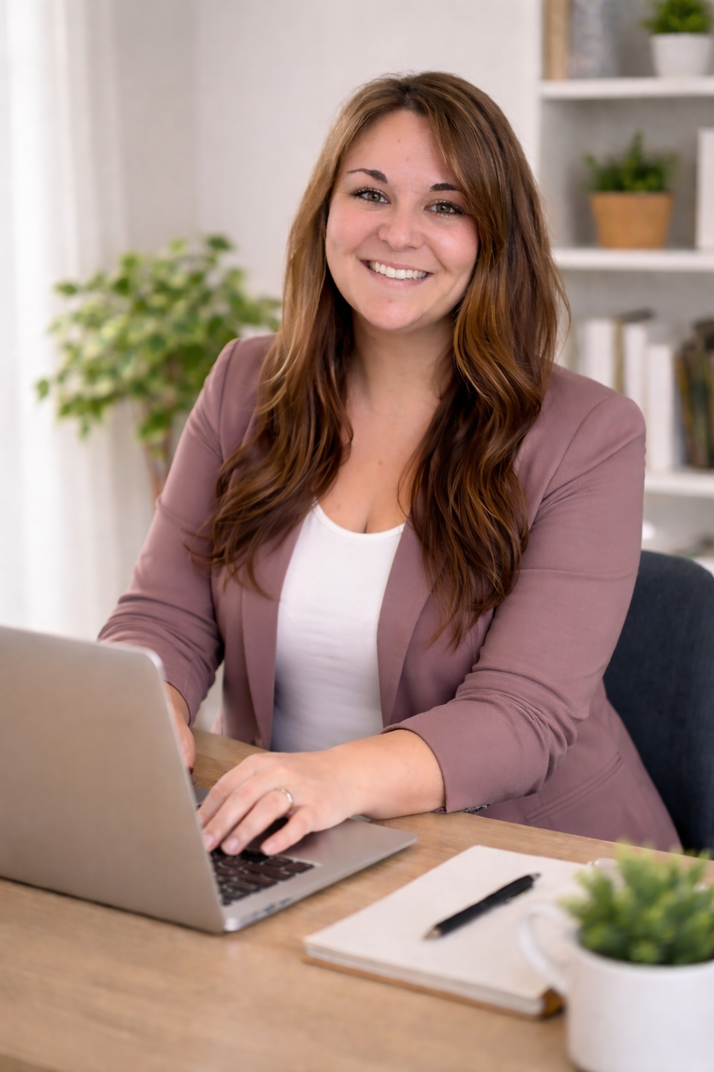 Woman therapist smiling while sitting at a desk with her laptop with a notepad and pen sitting next to the laptop.