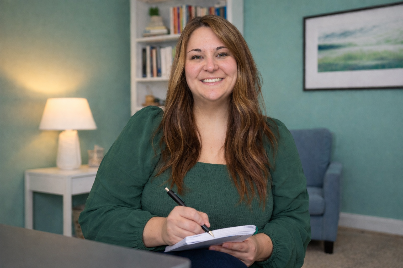 picture of Nicole Herrington sitting at a desk holding a notepad and pen with an office background