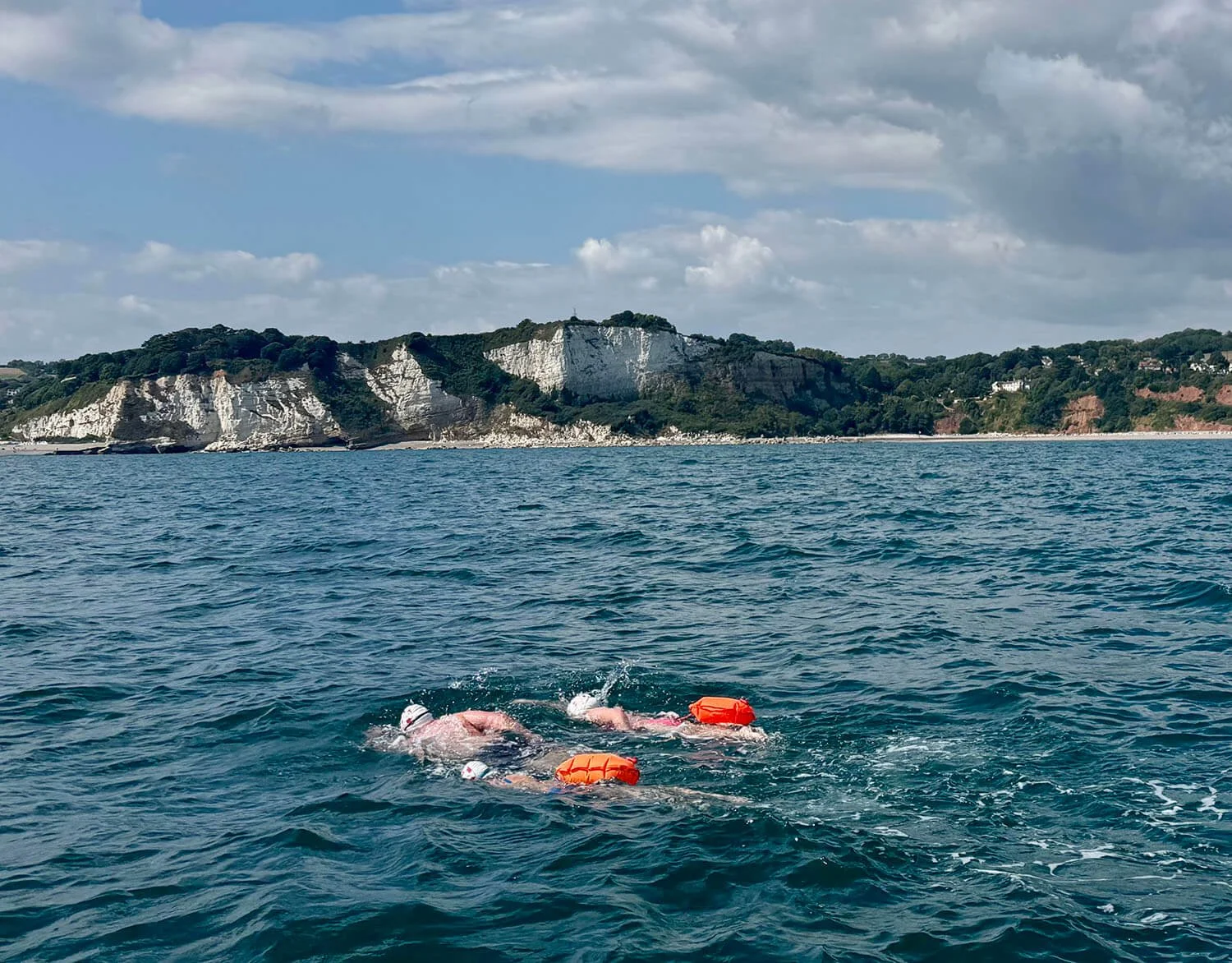 Swimmers in open water wearing swim caps and orange safety floats near a calm sea, with a rocky coastline and green hills under a partly cloudy sky in the background.