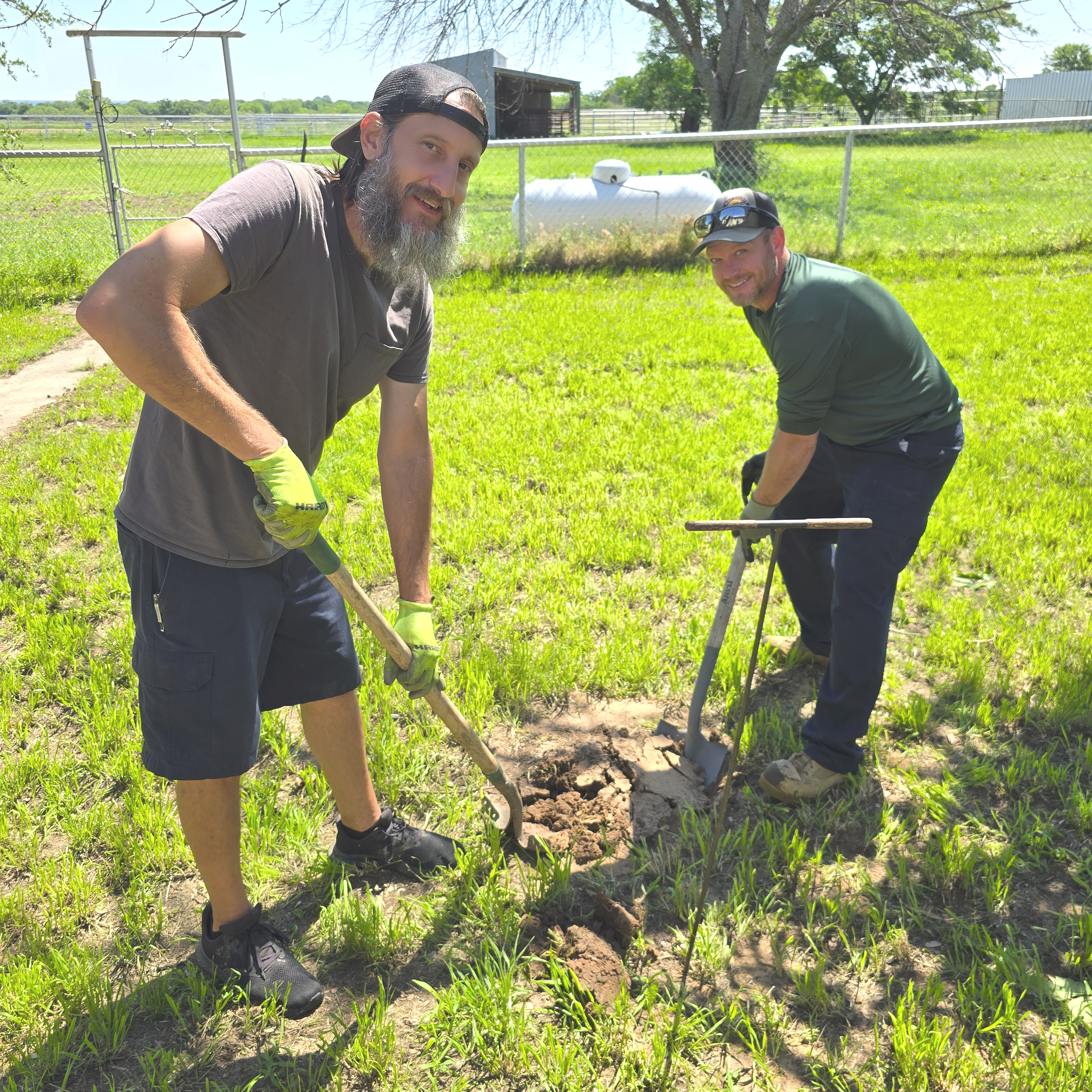 Two men digging up a septic tank in a grassy backyard on a sunny day, with a chain-link fence and green fields in the background.