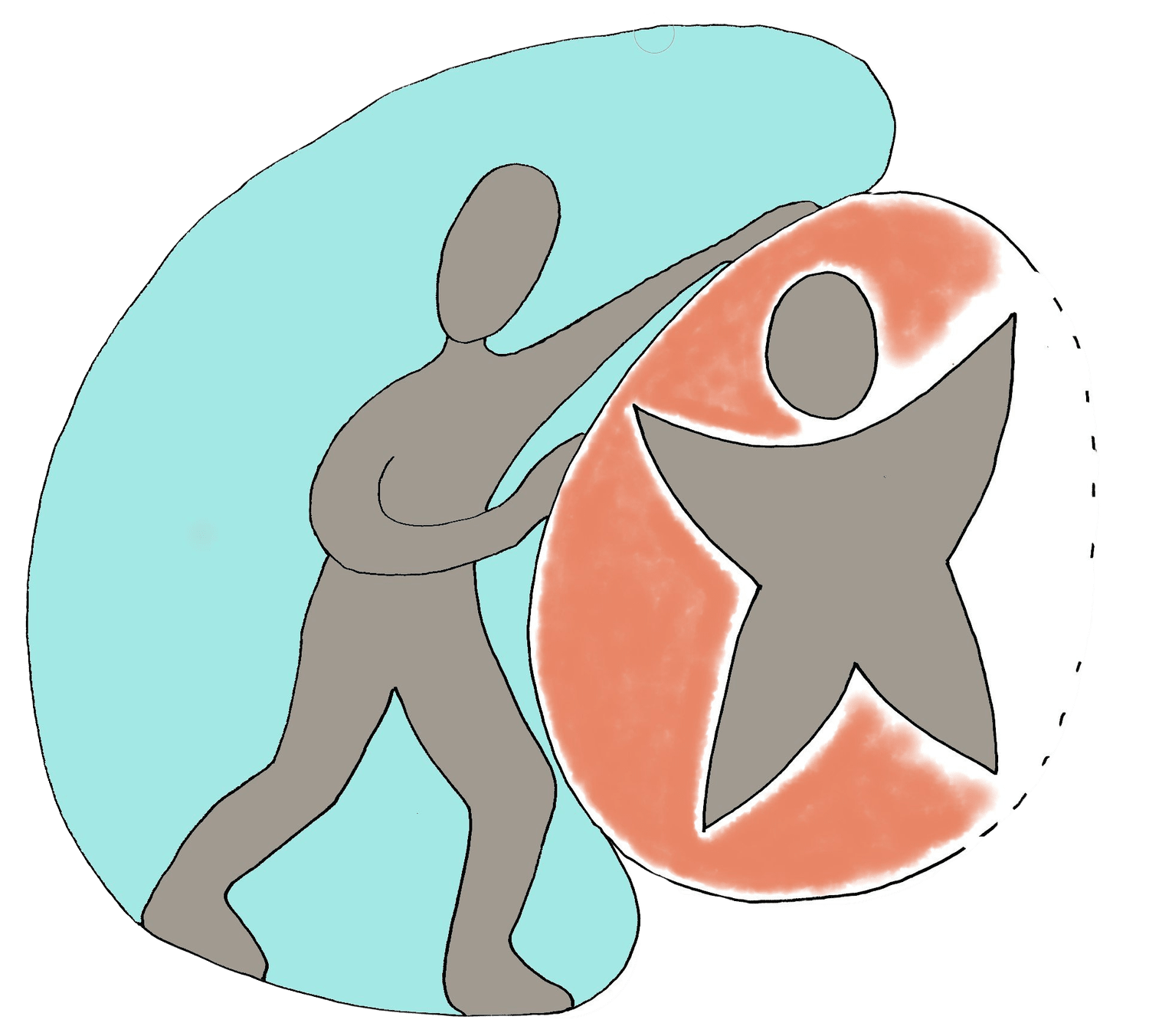 Illustration of a person with a silhouette face holding hands with a star-shaped figure inside a large circle. The background is mainly light blue.