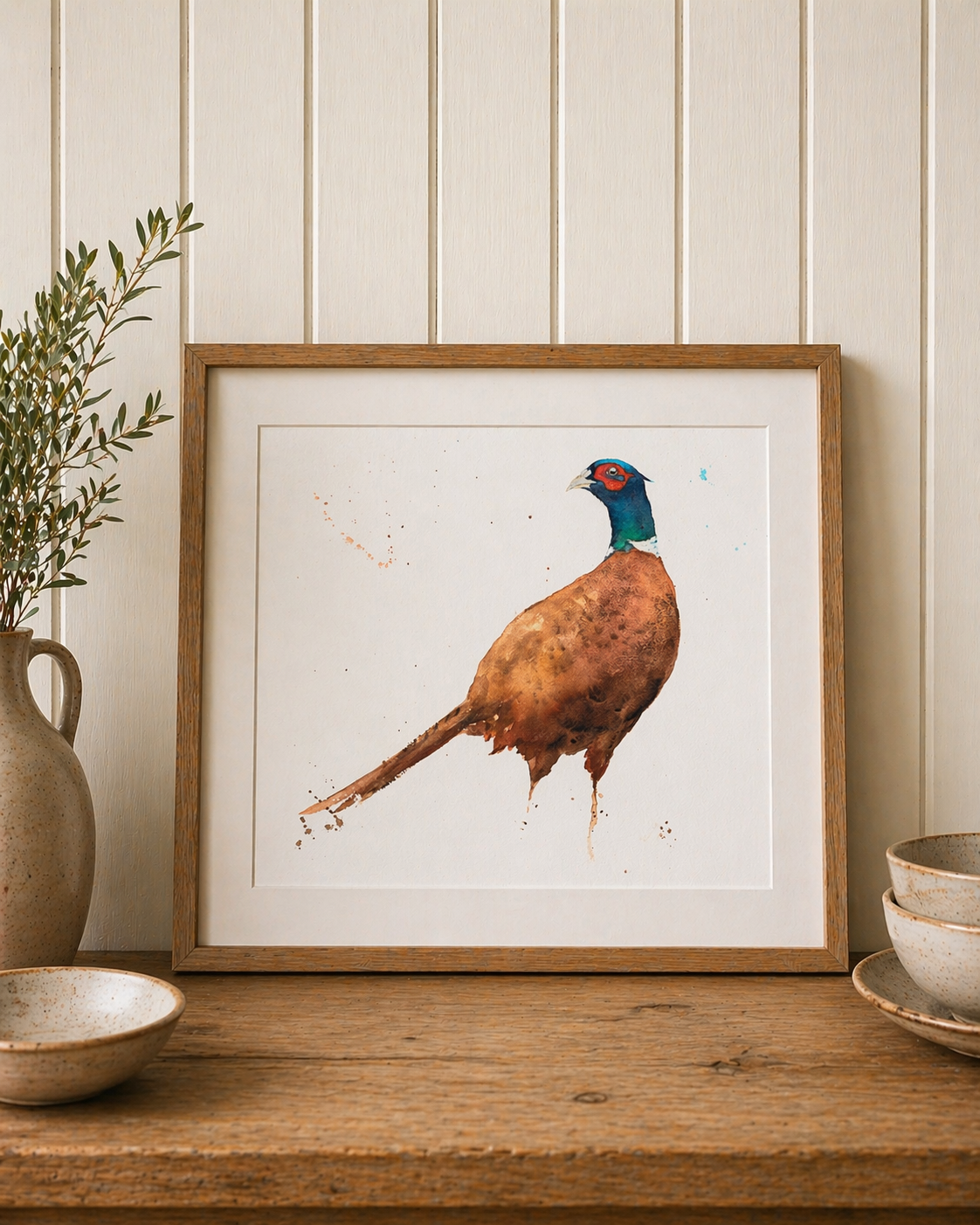 Framed Pheasant, watercolour by Liz Roberts, Scottish artist
