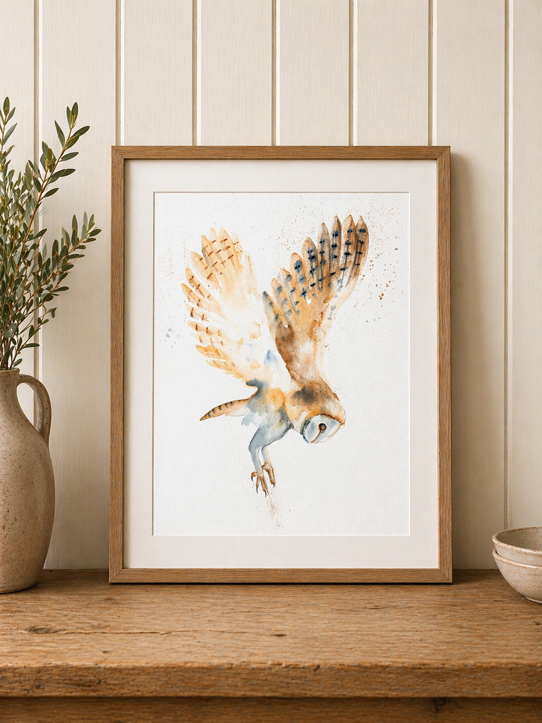 Barn Owl in Flight, watercolour by Liz Roberts, Scottish artist