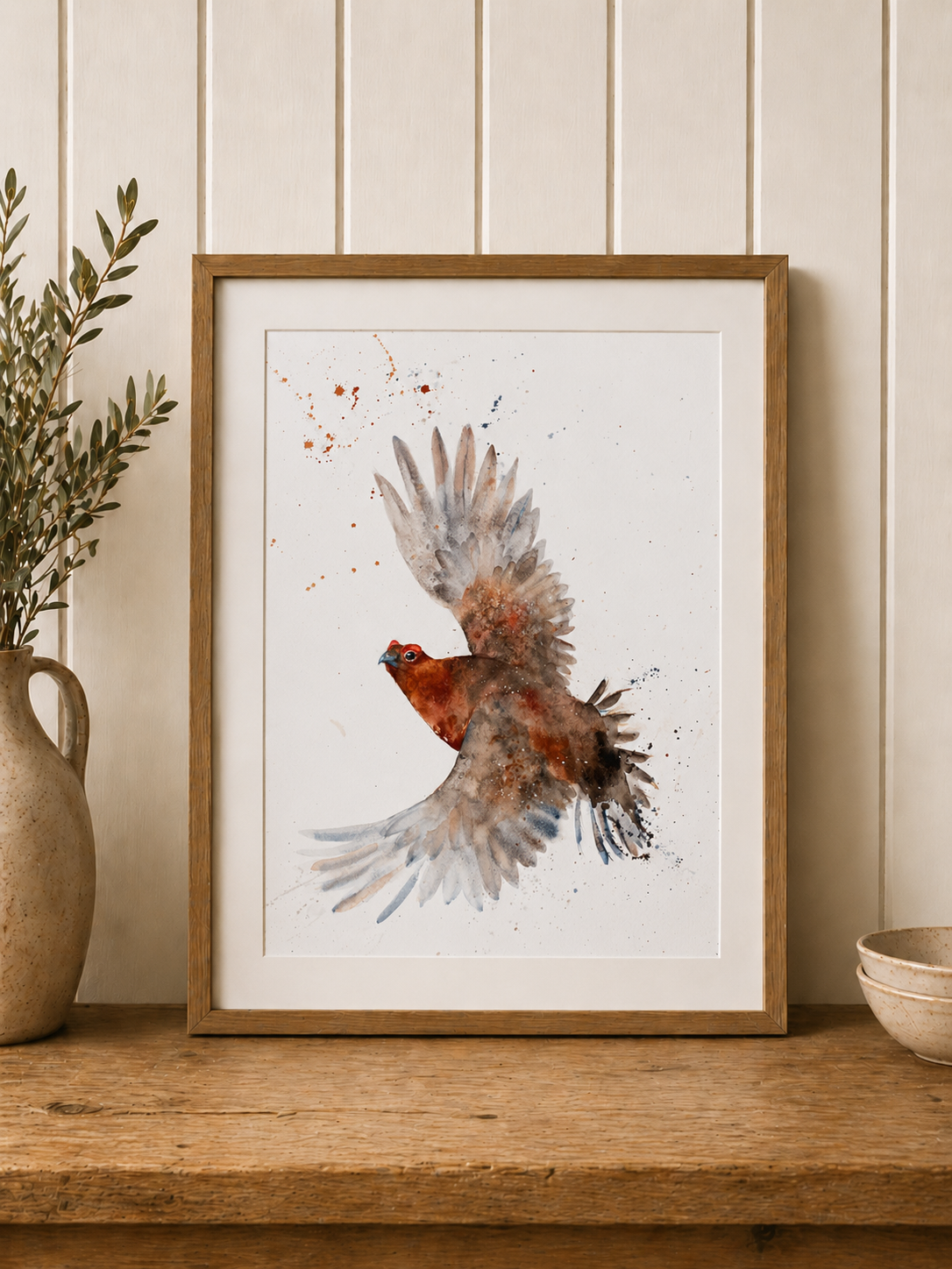 Red Grouse in Flight, watercolour by Liz Roberts, Scottish artist Framed