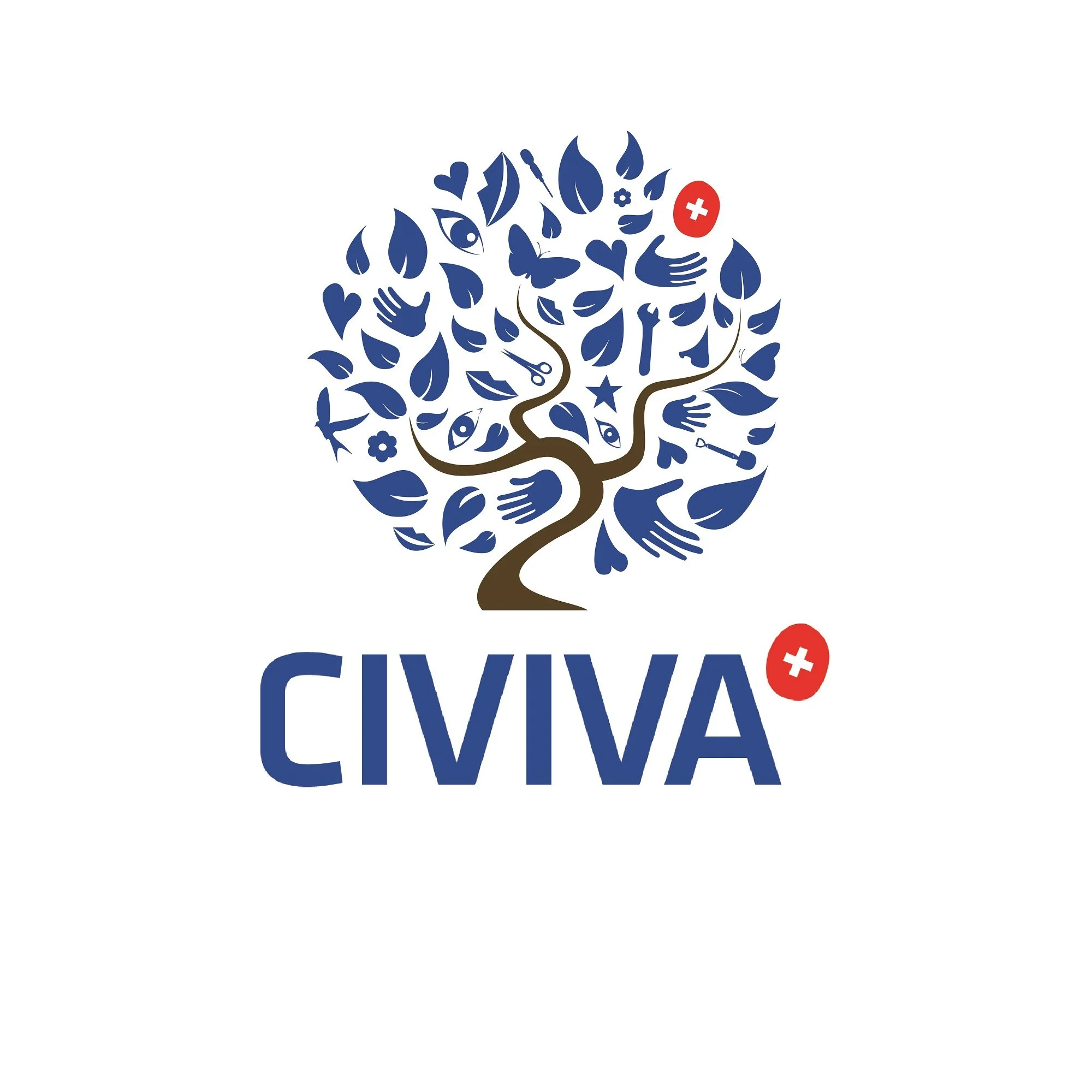 Ein stilisierter Baum mit blauen Blättern und Symbolen wie Händen, Herzen, Augen, sowie medizinischen Symbolen wie Spritzen und Scheren. Darunter steht das Wort "CIVIVA" in blauer Schrift mit einem roten Kreis und einem weißen Pluszeichen.