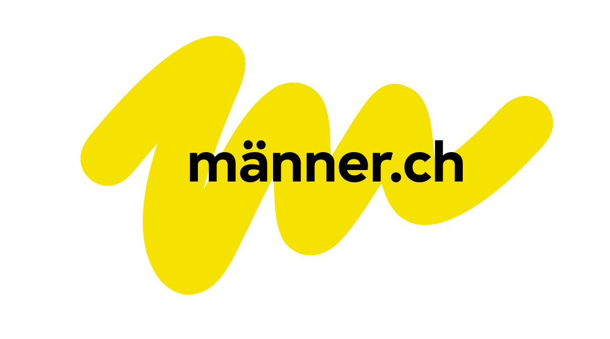 Logo mit schwarzem Text 'maenner.ch' vor gelbem, künstlerisch gestalteten Hintergrund.