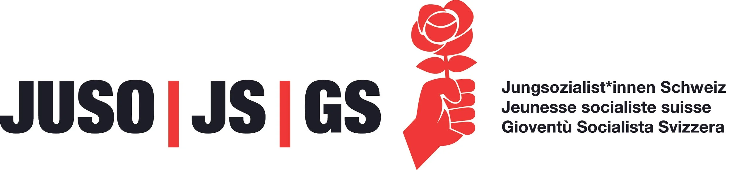 Logo der Jungsozialist*innen Schweiz, bestehend aus einem stilisierten roten Blumenstrauß in einer Hand, mit den schwarzen deutschen, französischen und italienischen Übersetzungen des Vereinsnamens daneben.