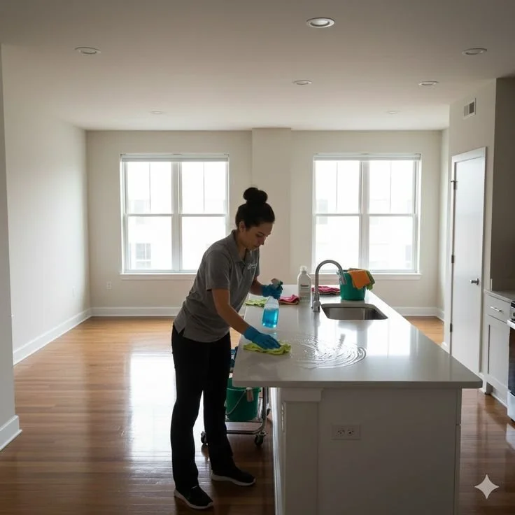 A woman cleaning a kitchen countertop with a cloth, wearing gloves, in a bright, empty room with two large windows.