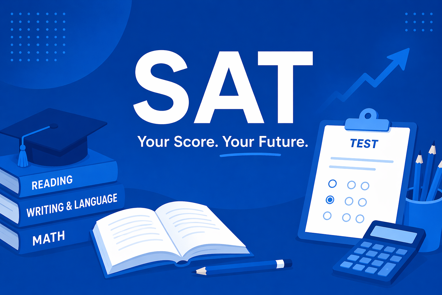 Blue background with SAT test preparation elements including books labeled Reading, Writing & Language, Math, an open book, a pencil, a test sheet, calculator, pencils in a holder, and a growth chart arrow.