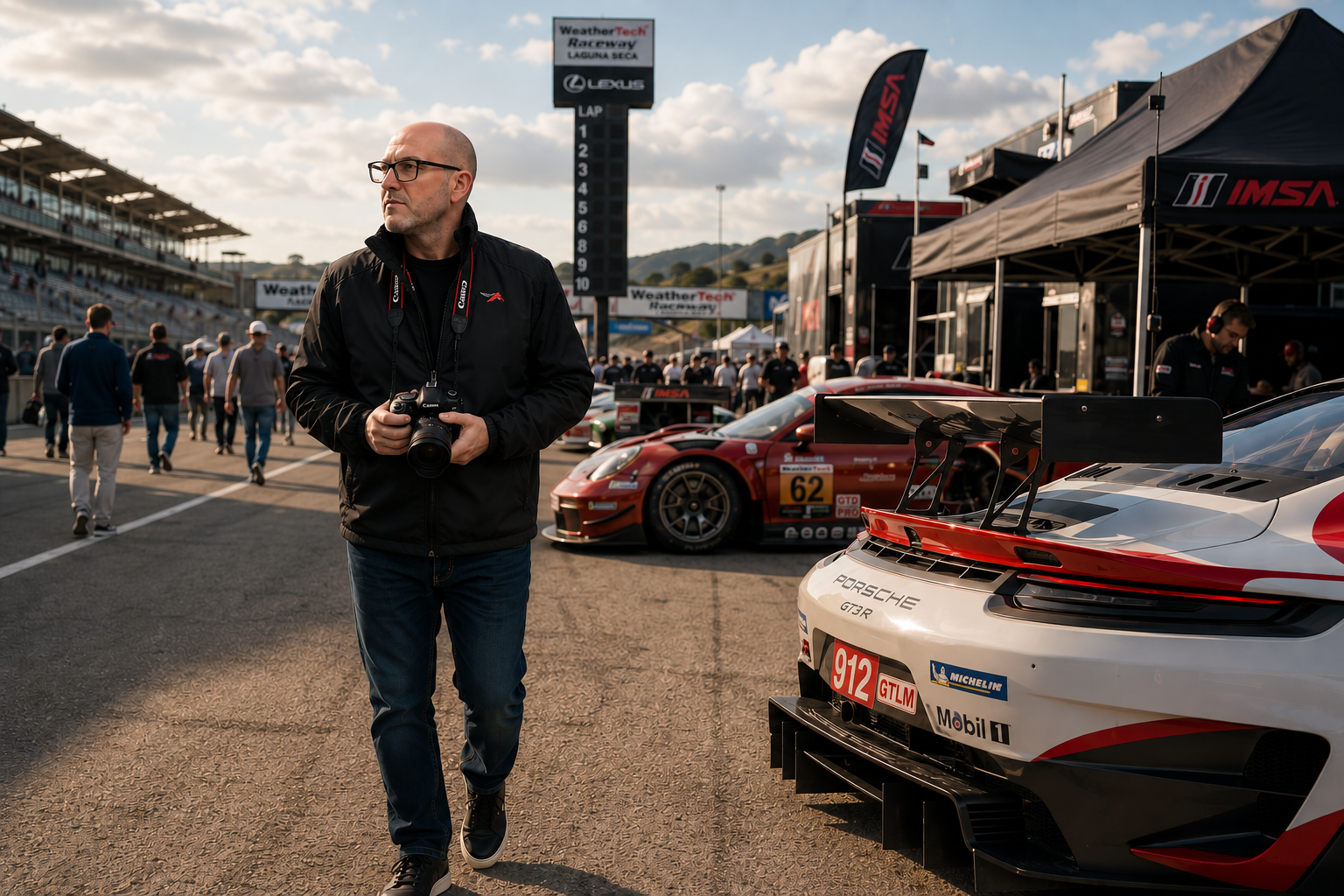 A photographer holding a camera walks through a race car paddock with race cars, people, and tents around at WeatherTech Raceway Laguna Seca.