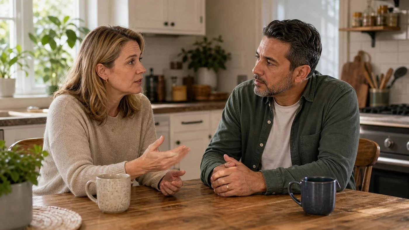 Couple sitting together at a table having a quiet conversation at home.