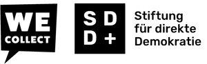 Schwarzer Hintergrund mit weißen Texten: "WE COLLECT" und nebenan "S D D +".