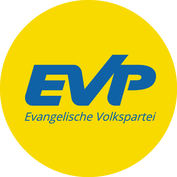 Logo der Evangelischen Volkspartei (EVP) mit gelbem Hintergrund und blauer Schrift.