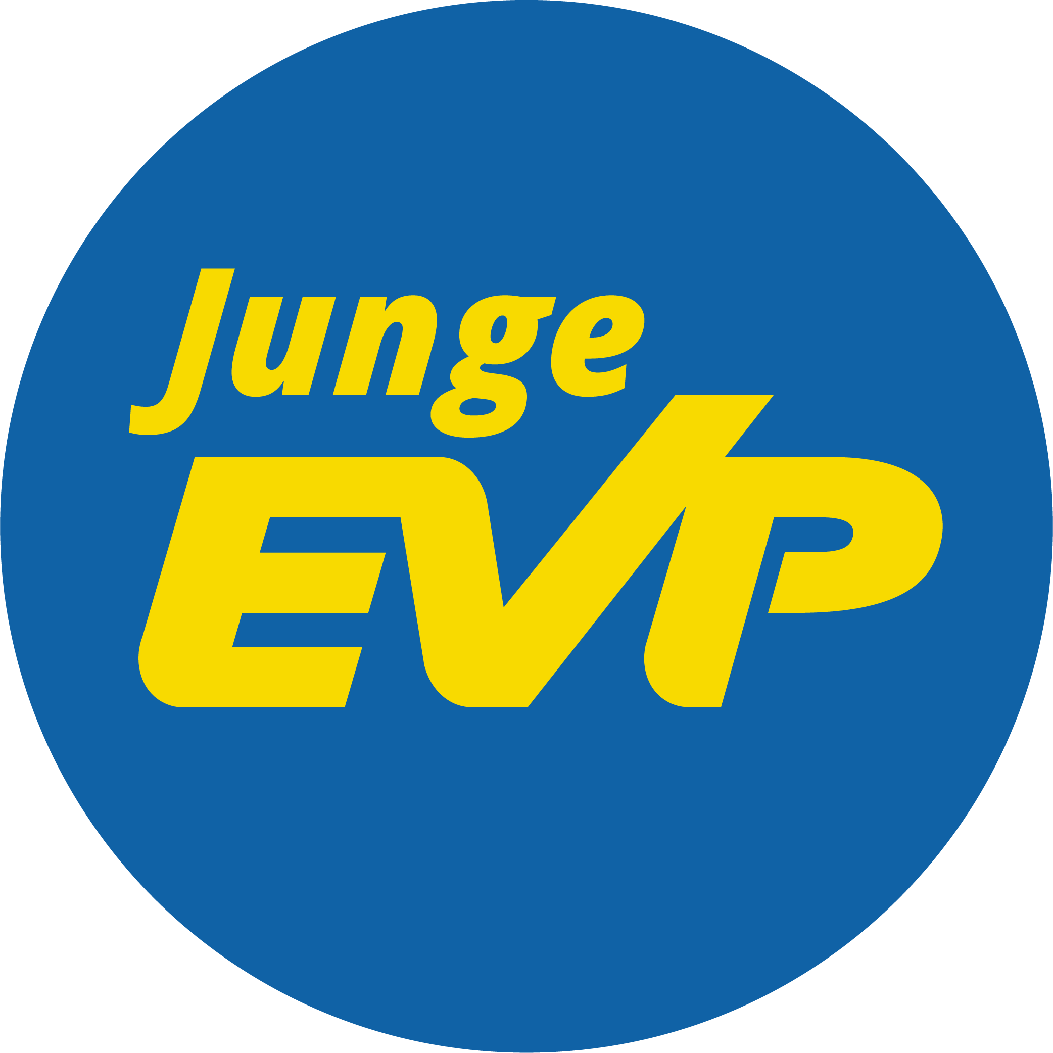 Ein blauer Kreis mit dem gelben Text 'Junge EVP' in der Mitte.