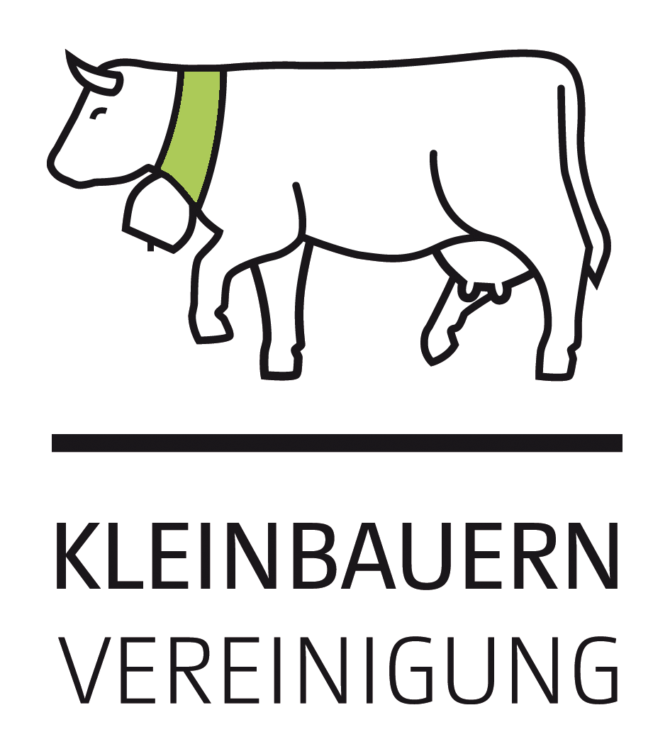 Ein einfaches Logo mit einer stilisierten Kuh und dem Text 'Kleinbauern Vereinigung'.