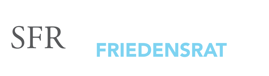 Logo des Schweizerischen Friedensrats, bestehend aus einem schwarzen Hintergrund, einem weißen Kreis mit den grauen Buchstaben 'SFR' und dem Text 'Schweizerischer Friedensrat' in Schwarz und Blau.
