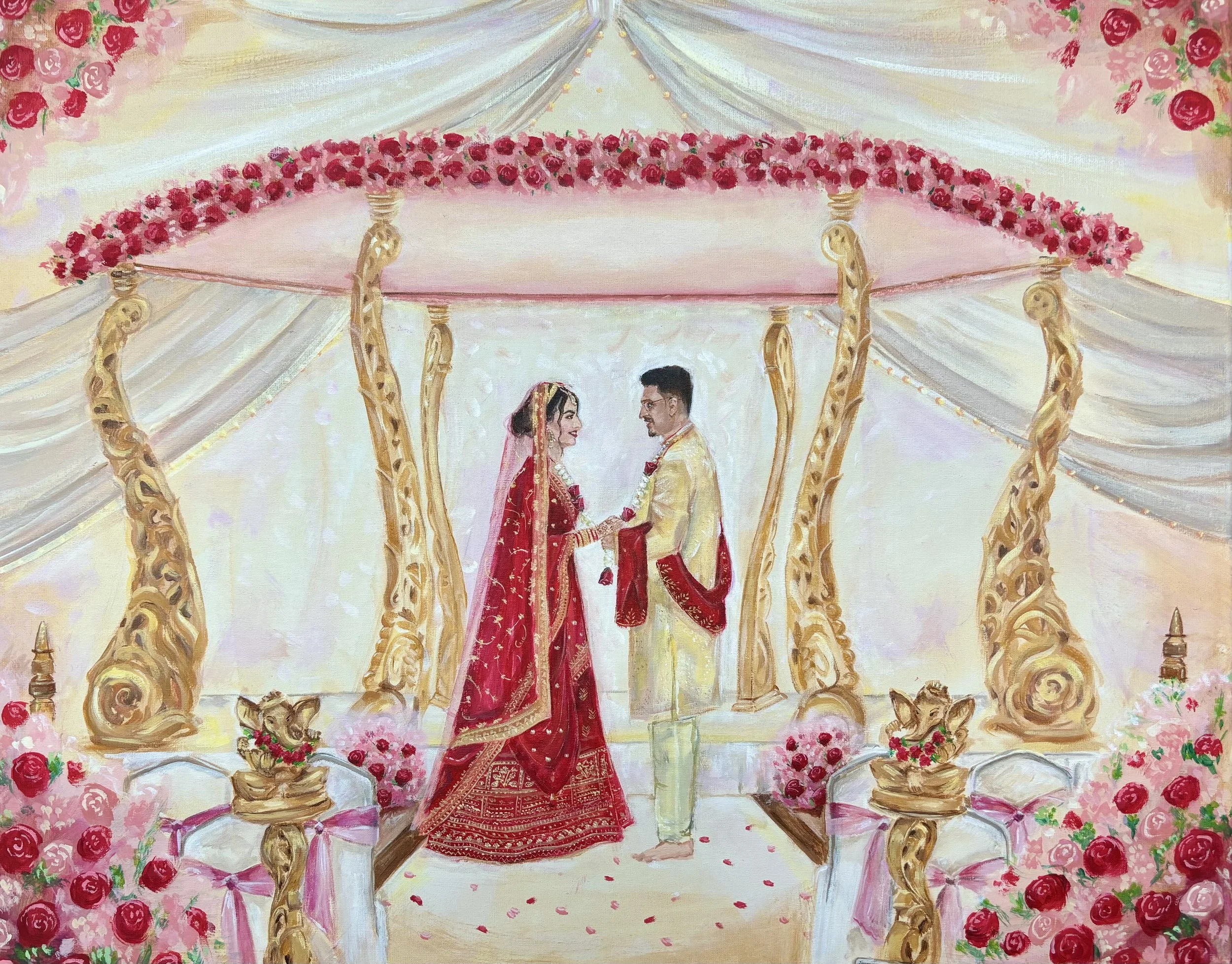 A painting of a bride and groom standing underneath a floral bridal swing decorated with pink roses. The scene is set in an ornate room with pink and white drapes and floral decorations.