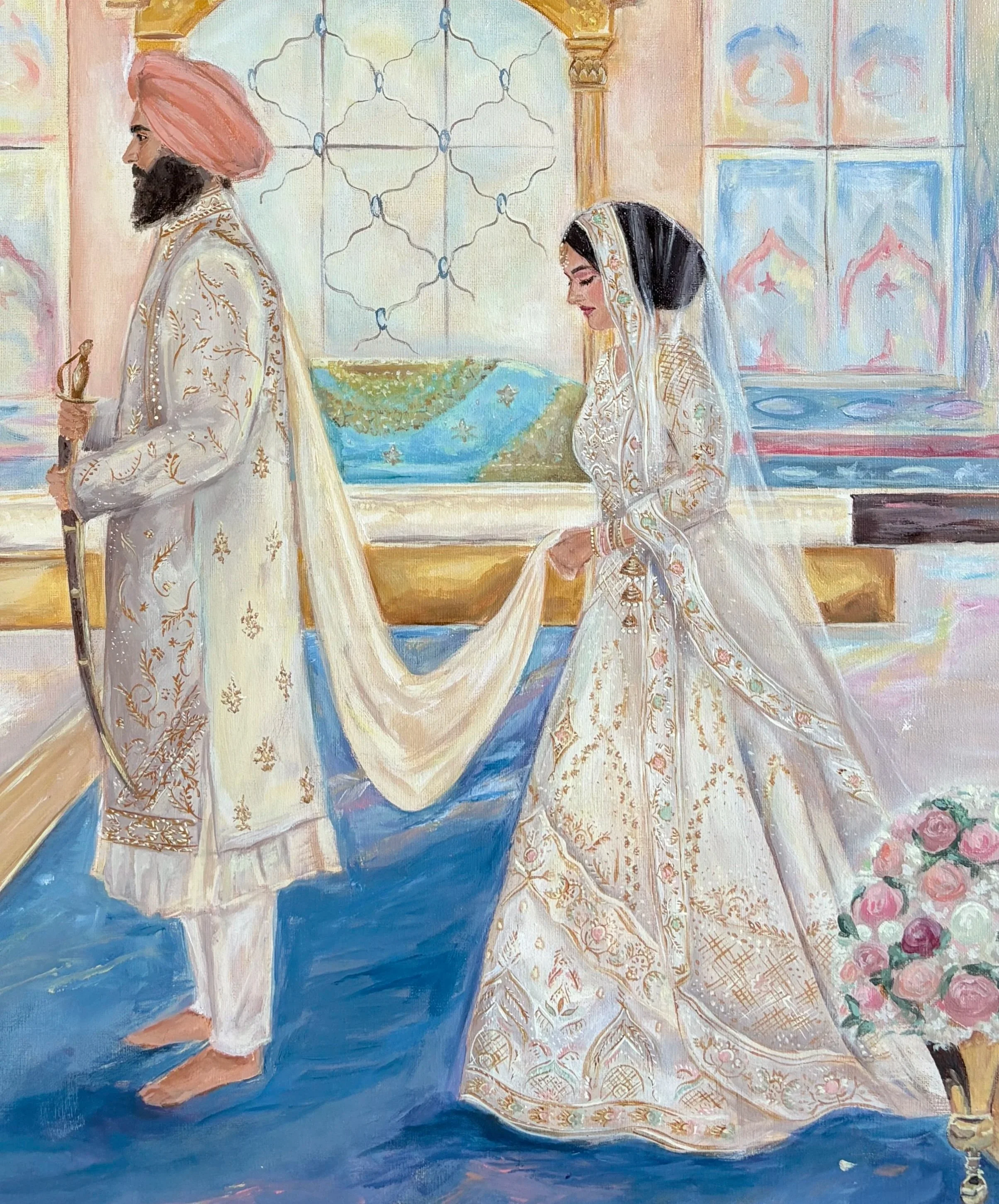 A painting of a man and woman in traditional Indian wedding attire, walking barefoot on a patterned floor, with a window and floral decorations in the background.