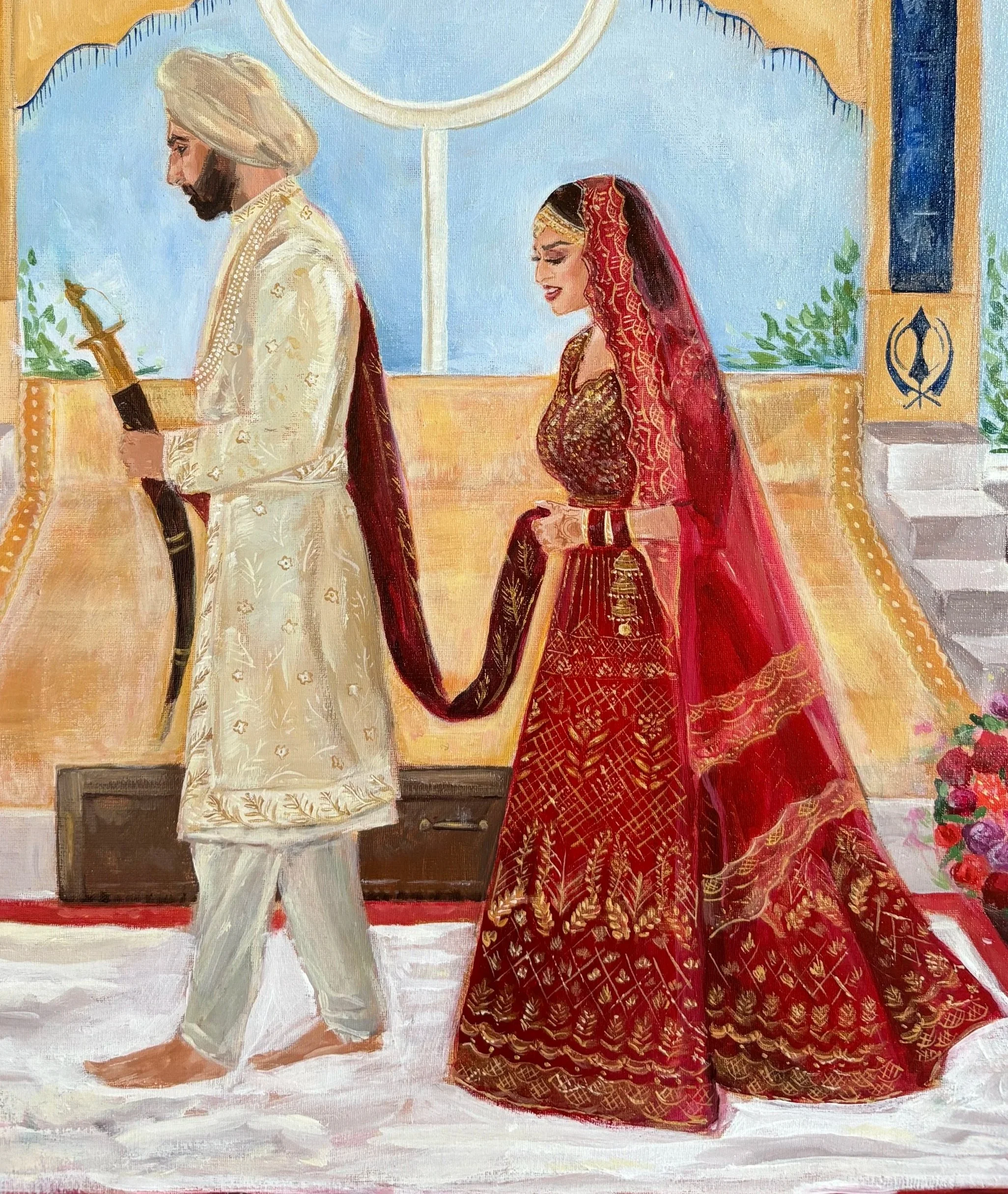 A painting of a man and woman dressed in traditional Indian wedding attire, walking hand in hand in a decorated setting with a blue sky, green foliage, and ornate architectural details in the background.