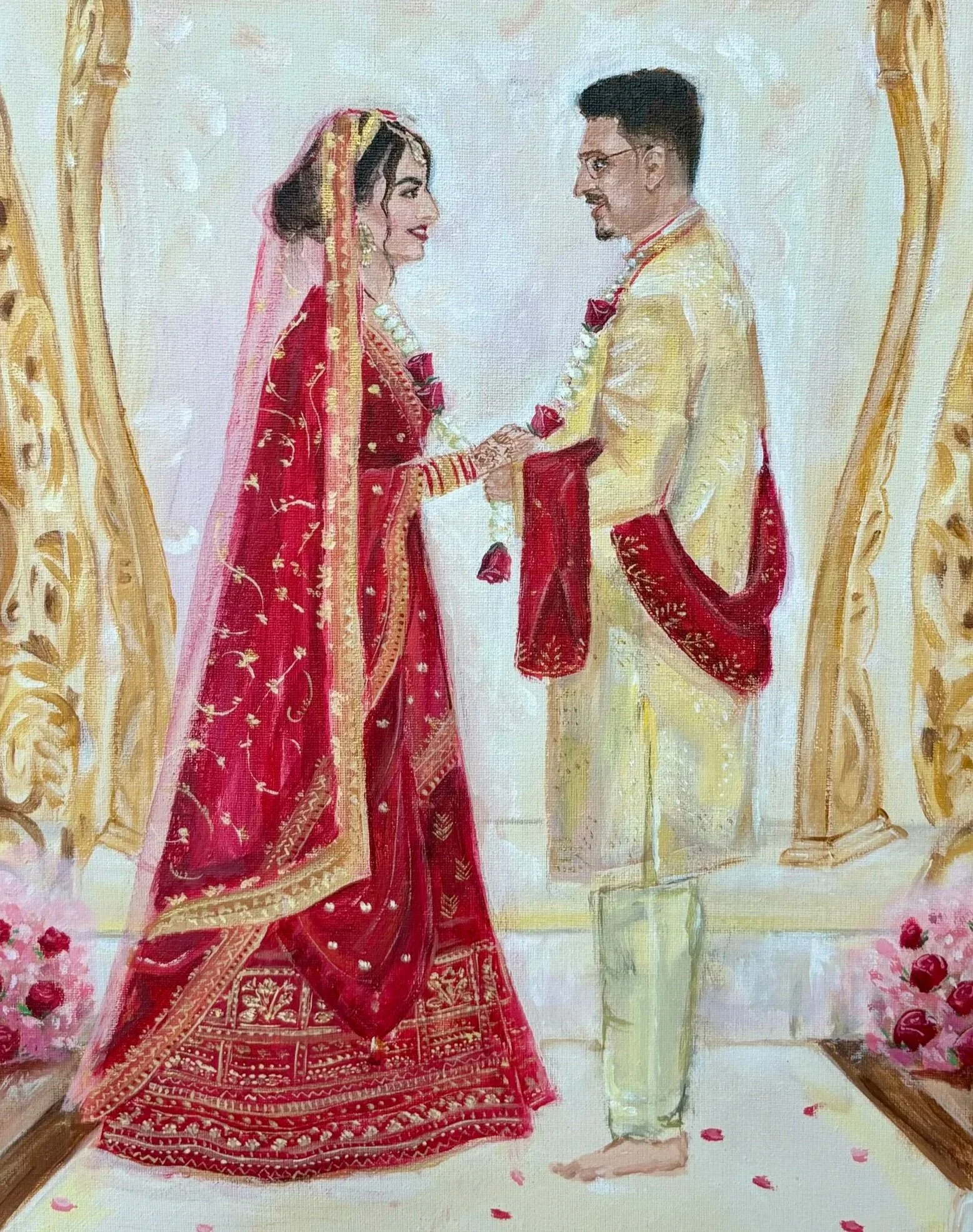 A painting of an Indian bride and groom standing face to face in traditional wedding attire, holding hands, within a decorated setting.