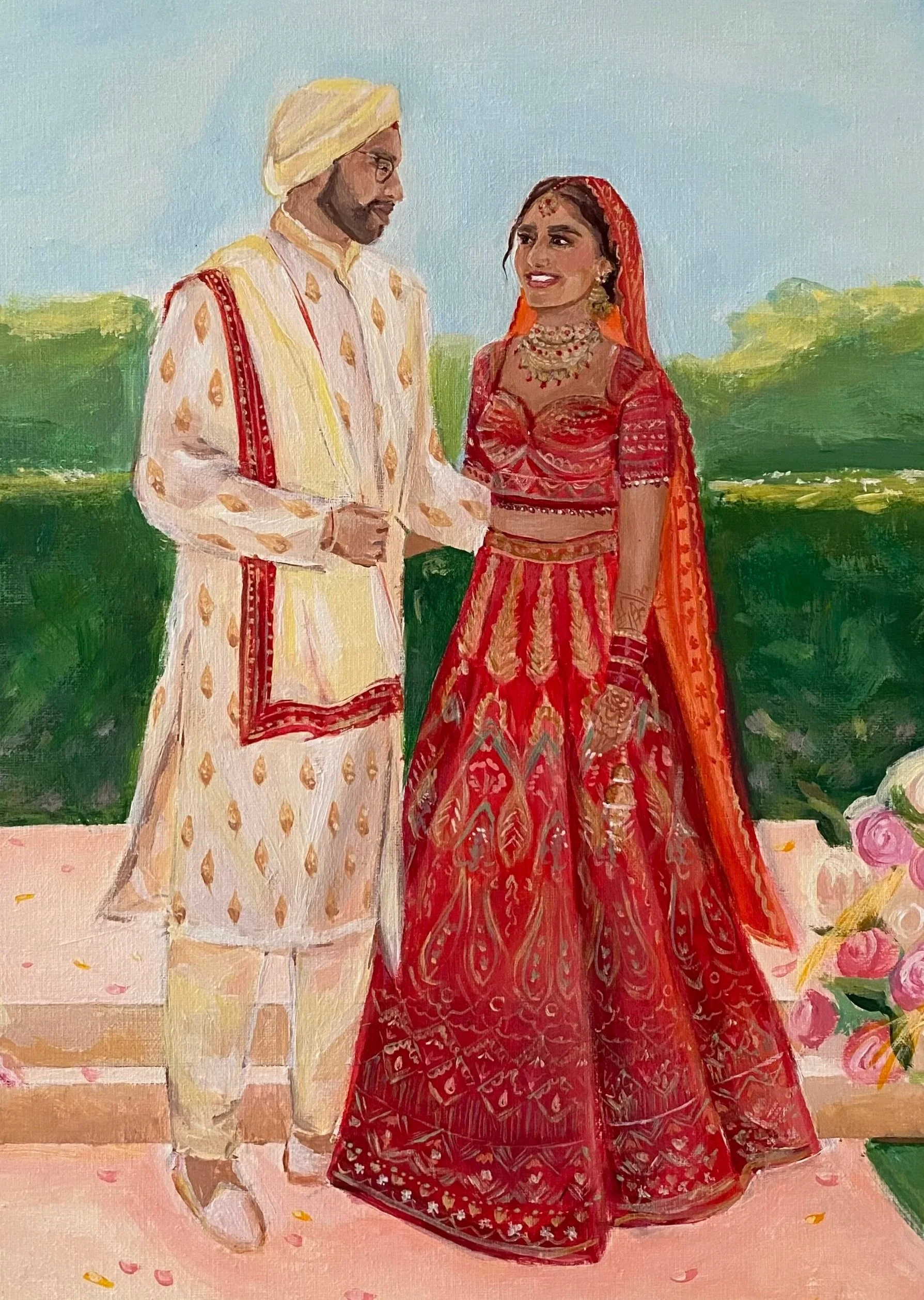 A painting of a man in traditional Indian attire and a woman in a red lehenga, standing together outdoors with green trees in the background. The man wears a cream-colored kurta with gold patterns and a yellow turban, while the woman wears a red and 