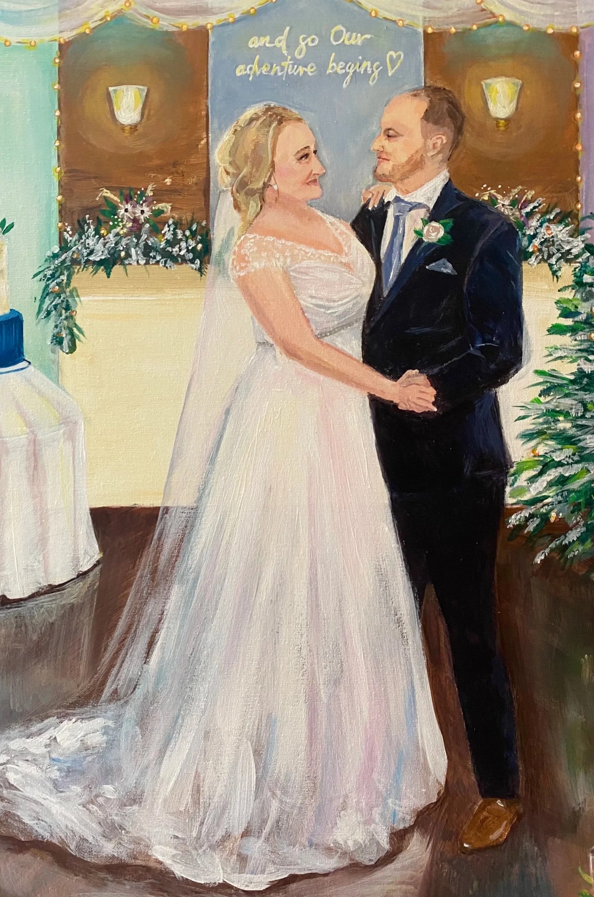 Painting of a bride and groom wedding dance indoors with floral decorations and a blue sign that says 'and so our adventure begins'.