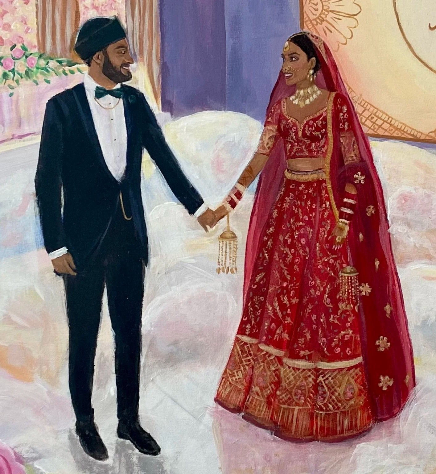 An illustration of a couple in traditional Indian wedding attire. The man is dressed in a black suit with a green turban, and the woman is wearing a red lehenga with gold embroidery, jewelry, and a veil, holding hands and smiling at each other in an 