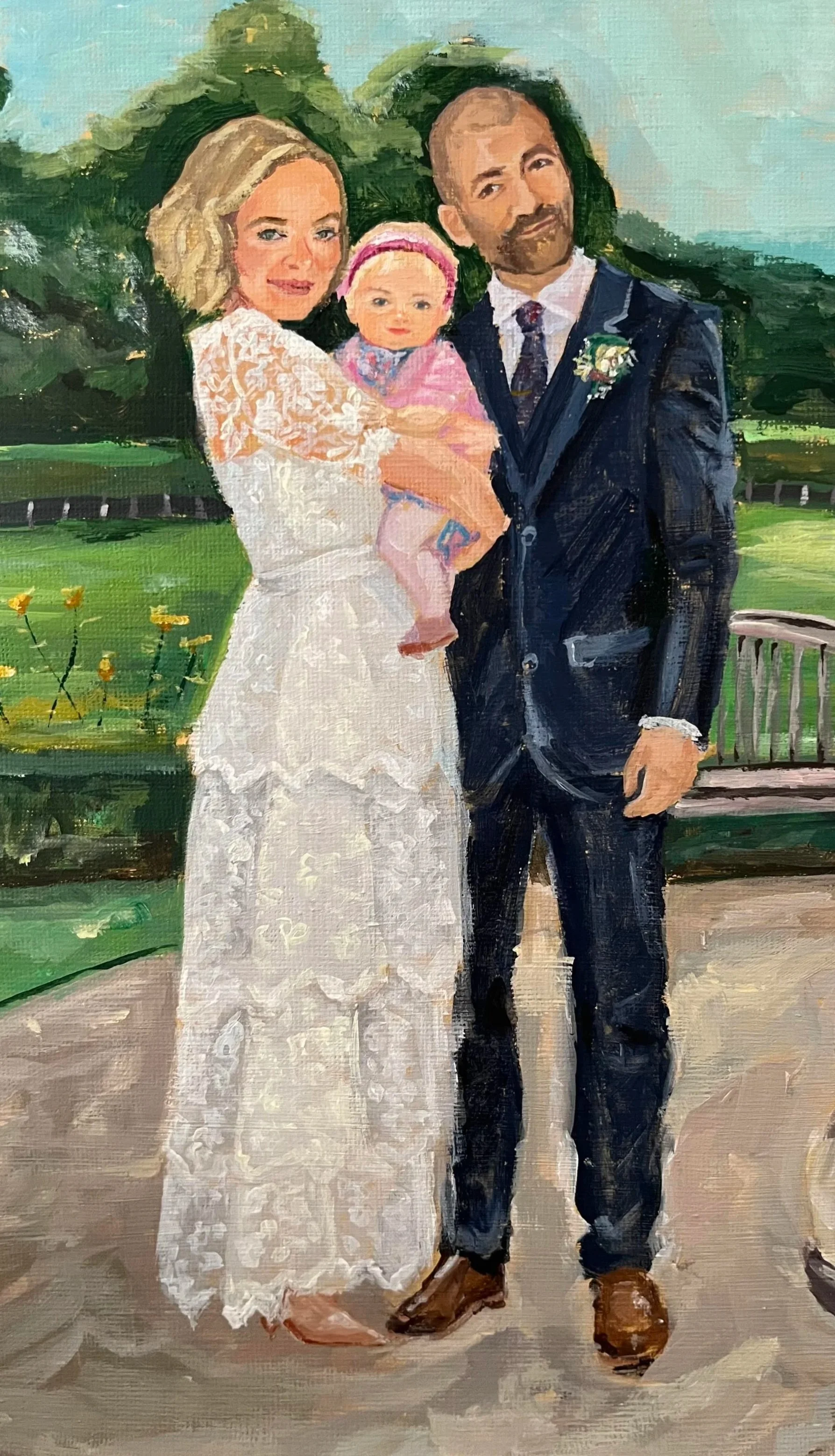 A painting of a family of three - a woman in a wedding dress, a man in a suit, and a young girl in a pink dress - standing outdoors with trees and a park bench in the background.