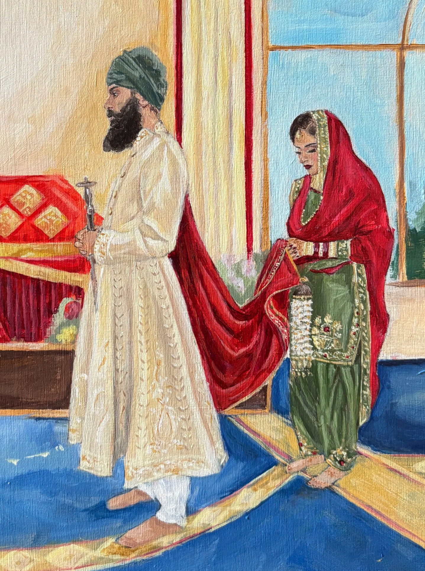 Painting of a man in a white traditional attire and turban standing with folded hands next to a woman dressed in a green and red traditional outfit, sitting with her head bowed and hands clasped, inside a room with a large window and colorful decor.