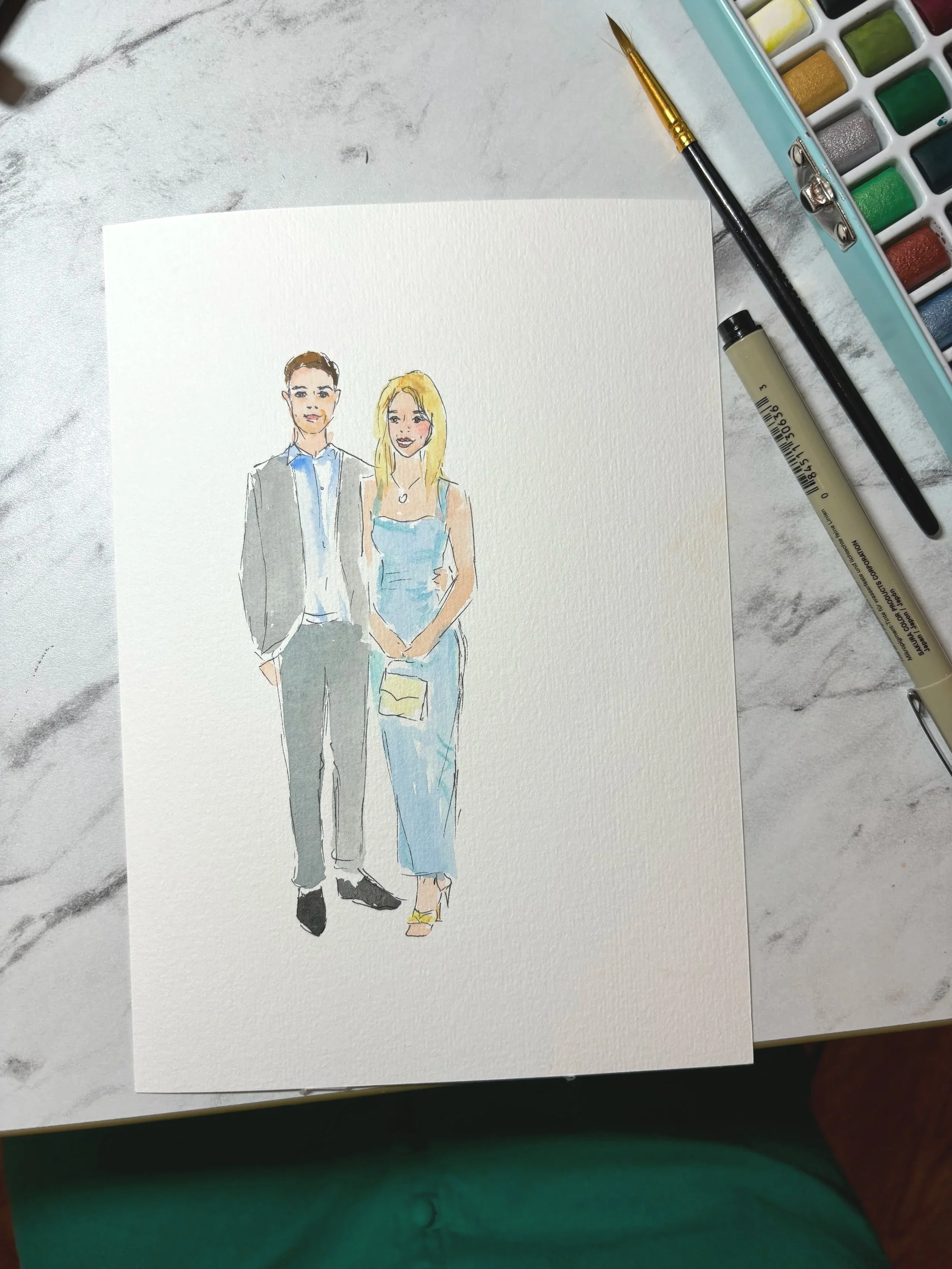 Watercolor illustration of a man in a gray suit and woman in a blue dress standing together, holding hands.