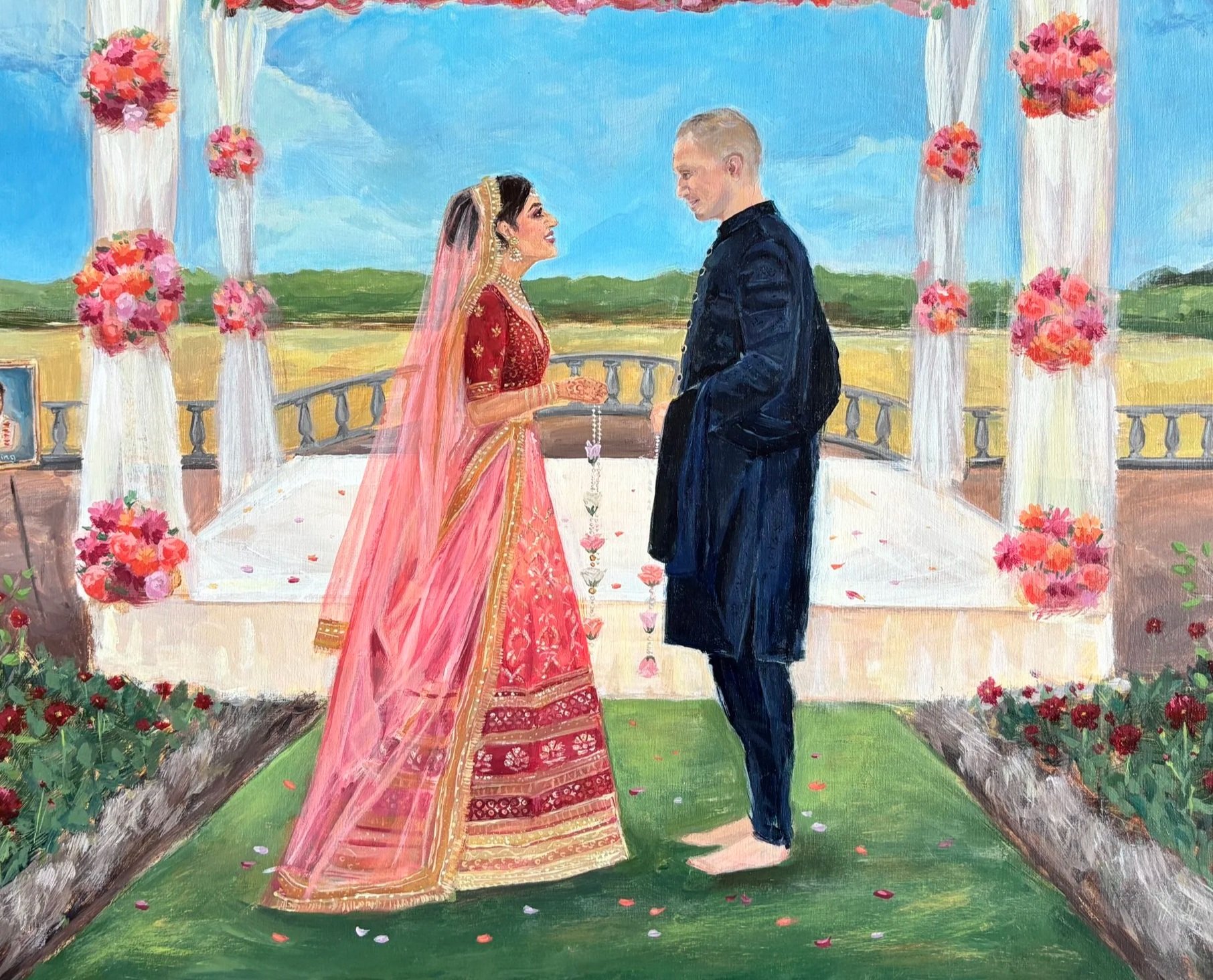 Painting of a wedding ceremony with a bride in a red traditional dress and a groom in a dark suit standing underneath a decorated arch. The arch is adorned with pink and red flowers. They are holding hands and looking at each other. The background sh