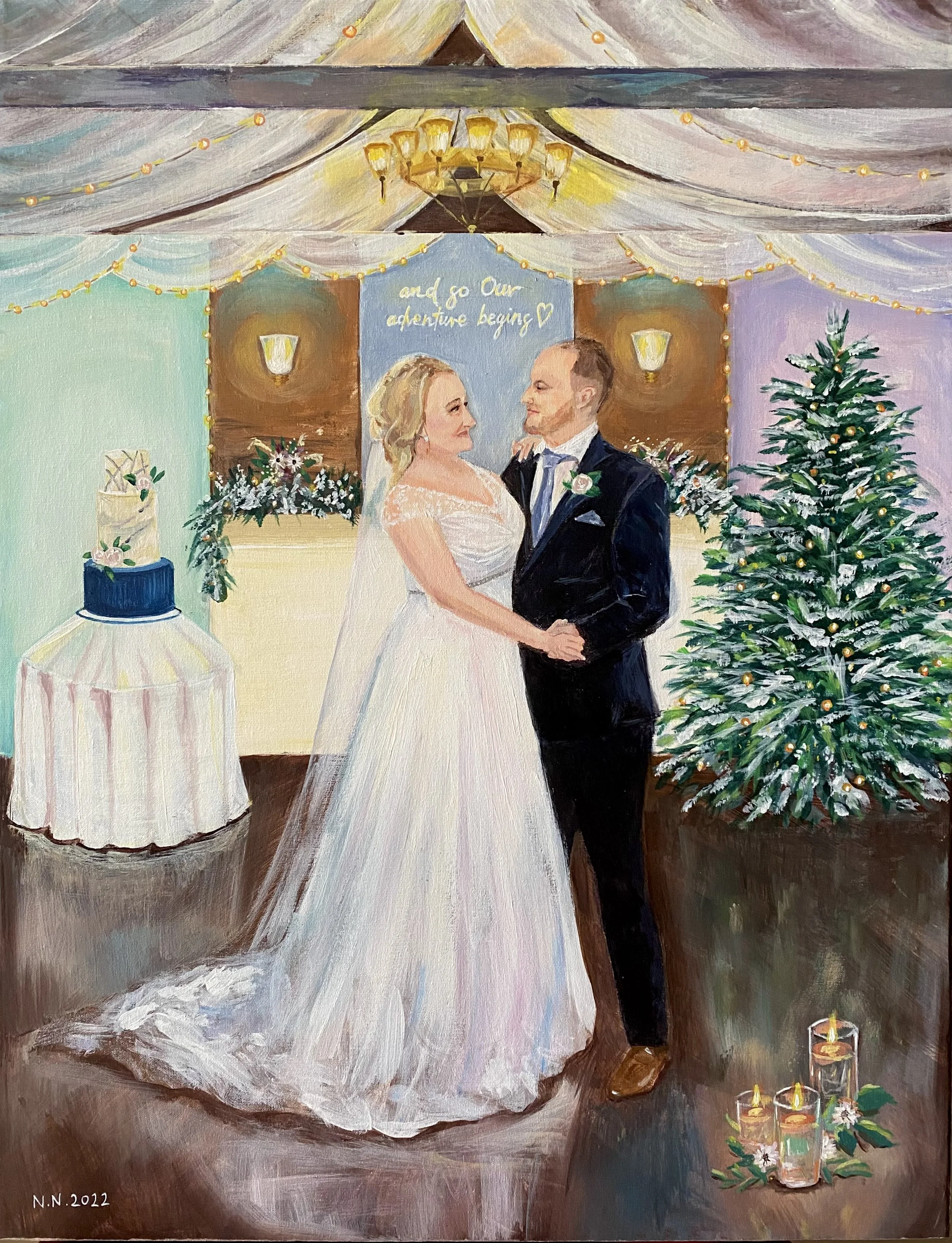 Painting of a wedding scene with a bride and groom holding hands, standing under a decorated floral arch, near a Christmas tree with ornaments, candles, and flowers, with a sign that reads 'and so Our adventure begins'.