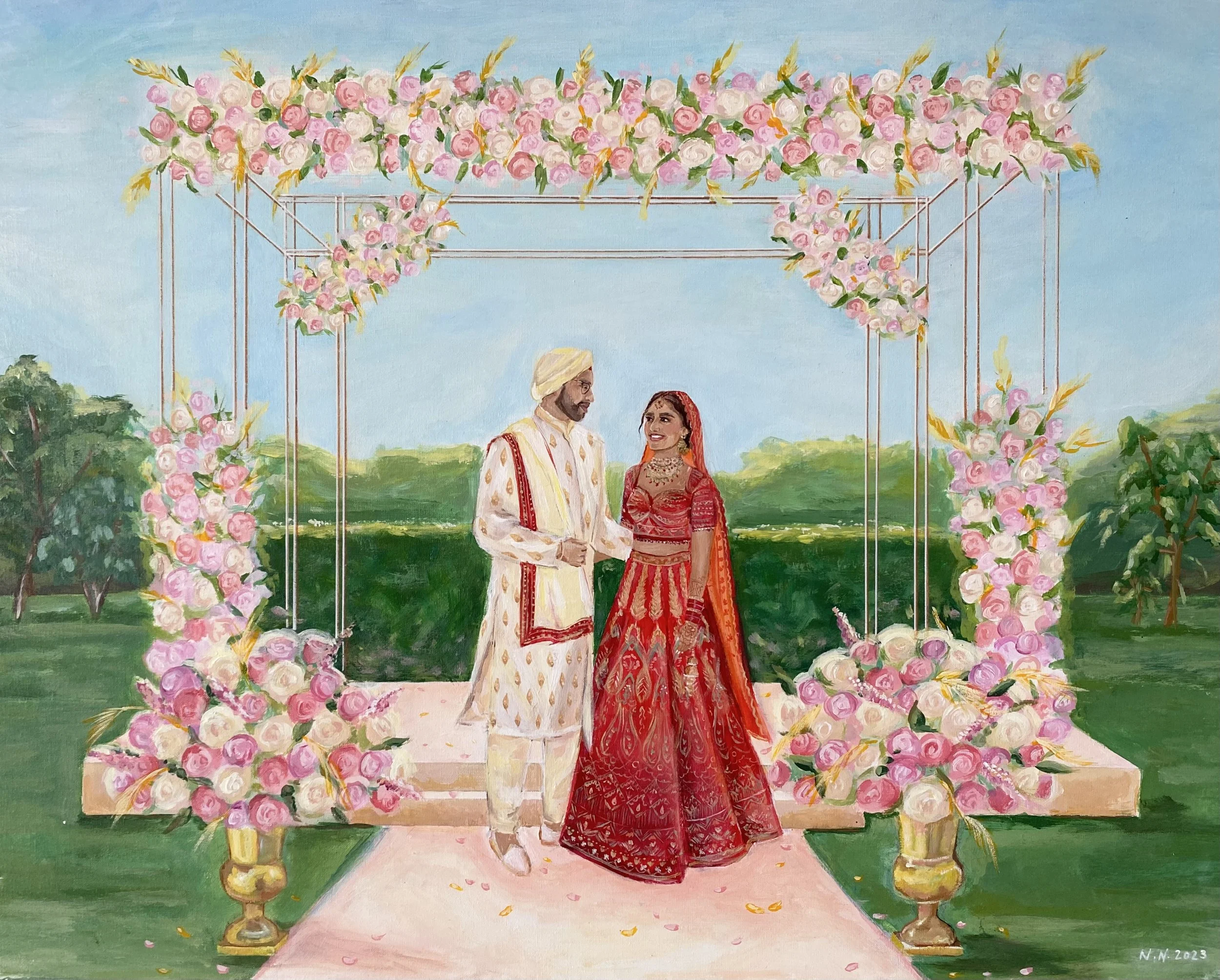 A painting of a newlywed Indian couple standing under a floral archway decorated with pink and white flowers, on a green outdoor setting with blue sky background.