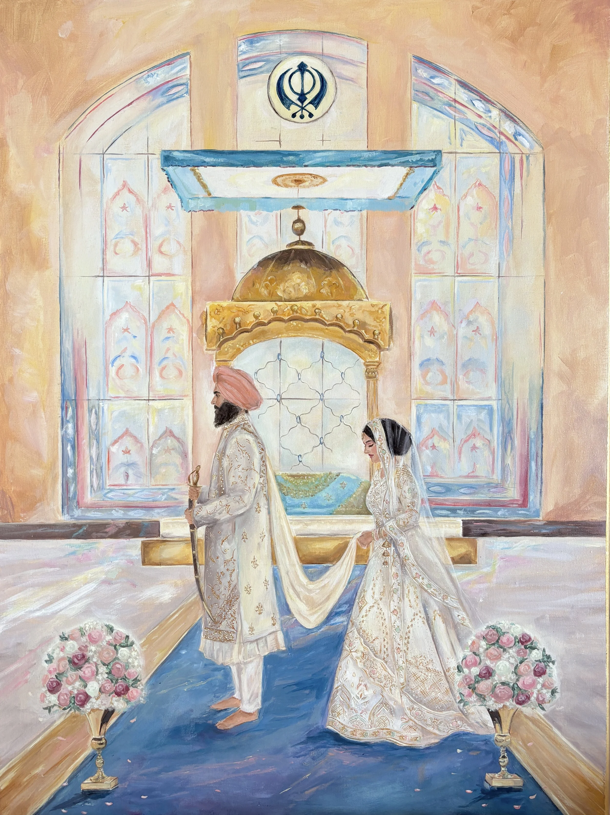 A painting of a traditional Indian wedding ceremony featuring a bride and groom in ornate Indian attire, walking hand-in-hand inside a decorated temple with floral arrangements and stained glass windows.