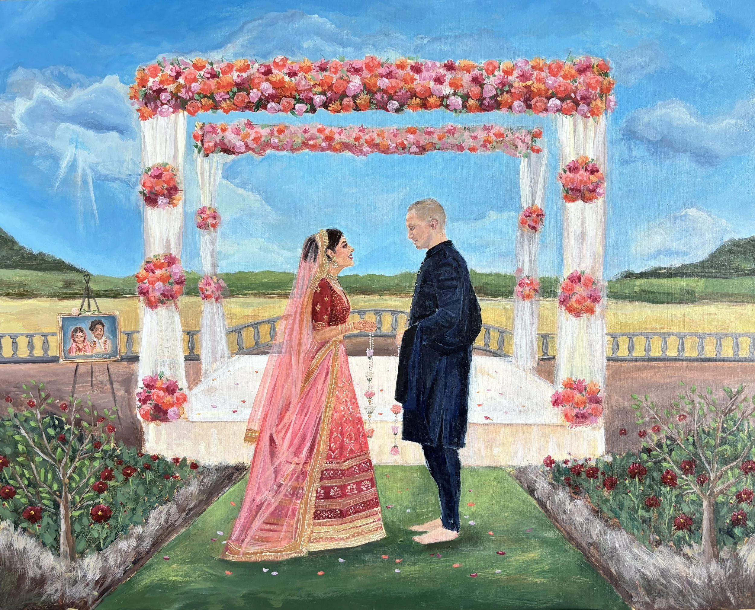 A painting of a wedding scene with a bride and groom standing under a floral arch. The bride is wearing a red traditional outfit and the groom is in a black suit. The background includes a blue sky with clouds and an outdoor setting with greenery and