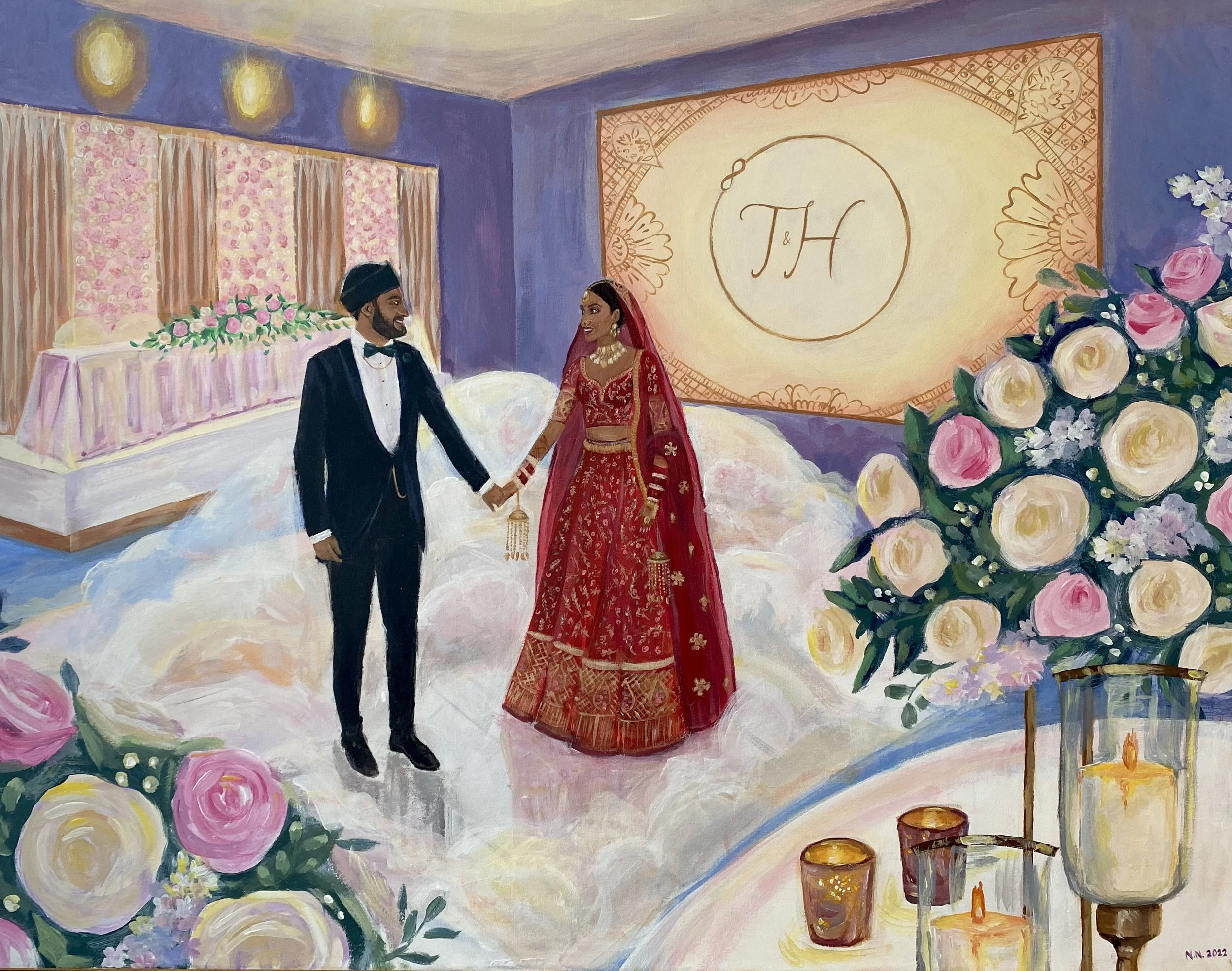 A painting of a wedding scene with a bride in a red traditional dress and a groom in a black tuxedo holding hands, surrounded by pink and white roses, with a decorated backdrop featuring initials 'J & H' and a table with flowers in the background.