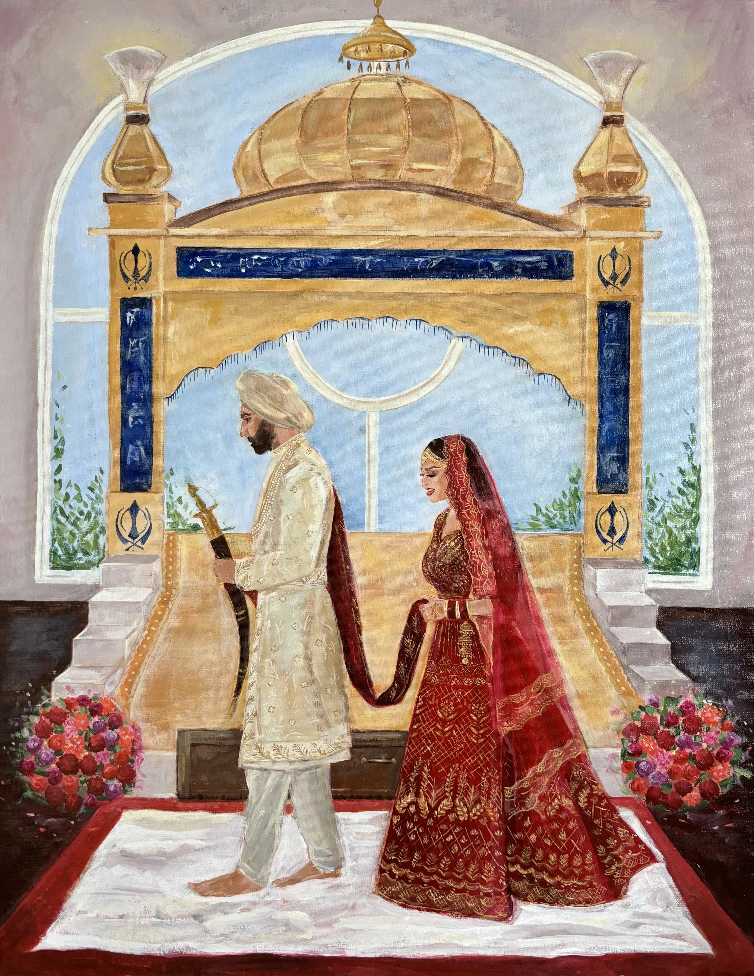 Painting of a traditional Indian wedding ceremony with a couple holding hands and walking under a decorated archway. The groom is dressed in white with a turban, and the bride in a red and gold embroidered sari, both facing away from the viewer. Ther