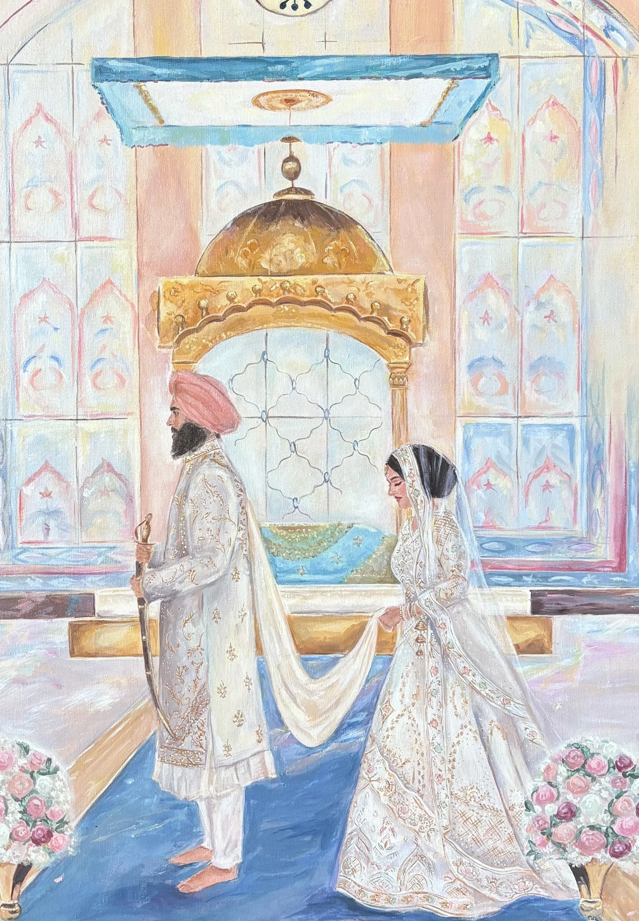 Painting of an Indian wedding scene showing a bride and groom holding hands in traditional attire, standing on a blue carpet with floral decorations on each side, inside a decorated indoor space with ornate architecture and windows.