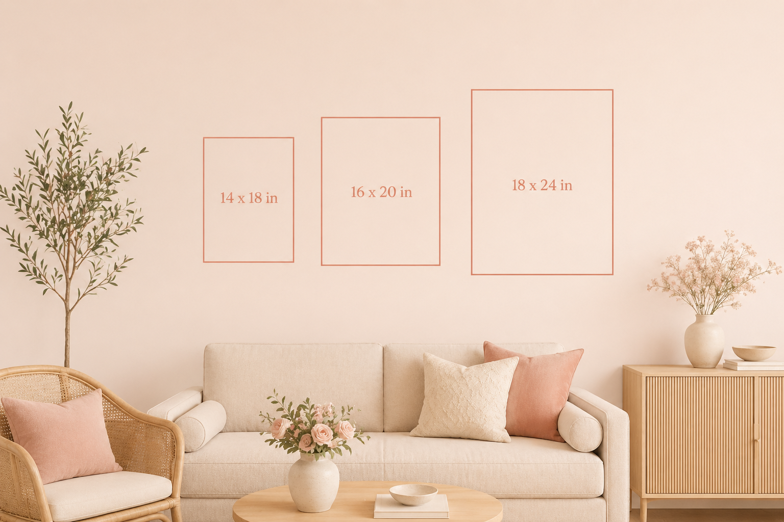 Decorative wall art showing three rectangle outlines with dimensions 14 x 18 inches, 16 x 20 inches, and 18 x 24 inches in a living room with beige and pink accents, a sofa, a rattan armchair, and a sideboard with a vase of flowers.