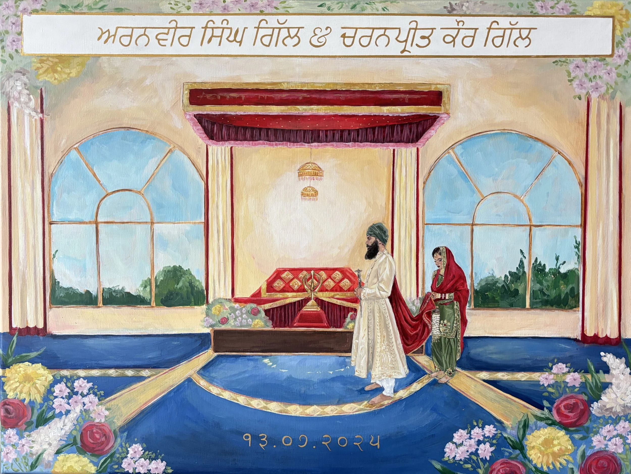 A painting of an indoor wedding scene with a stage, two large arched windows, floral decorations, and two people in traditional attire, including a man with a turban and a woman in a red saree. The date 13.09.2024 is written at the bottom.