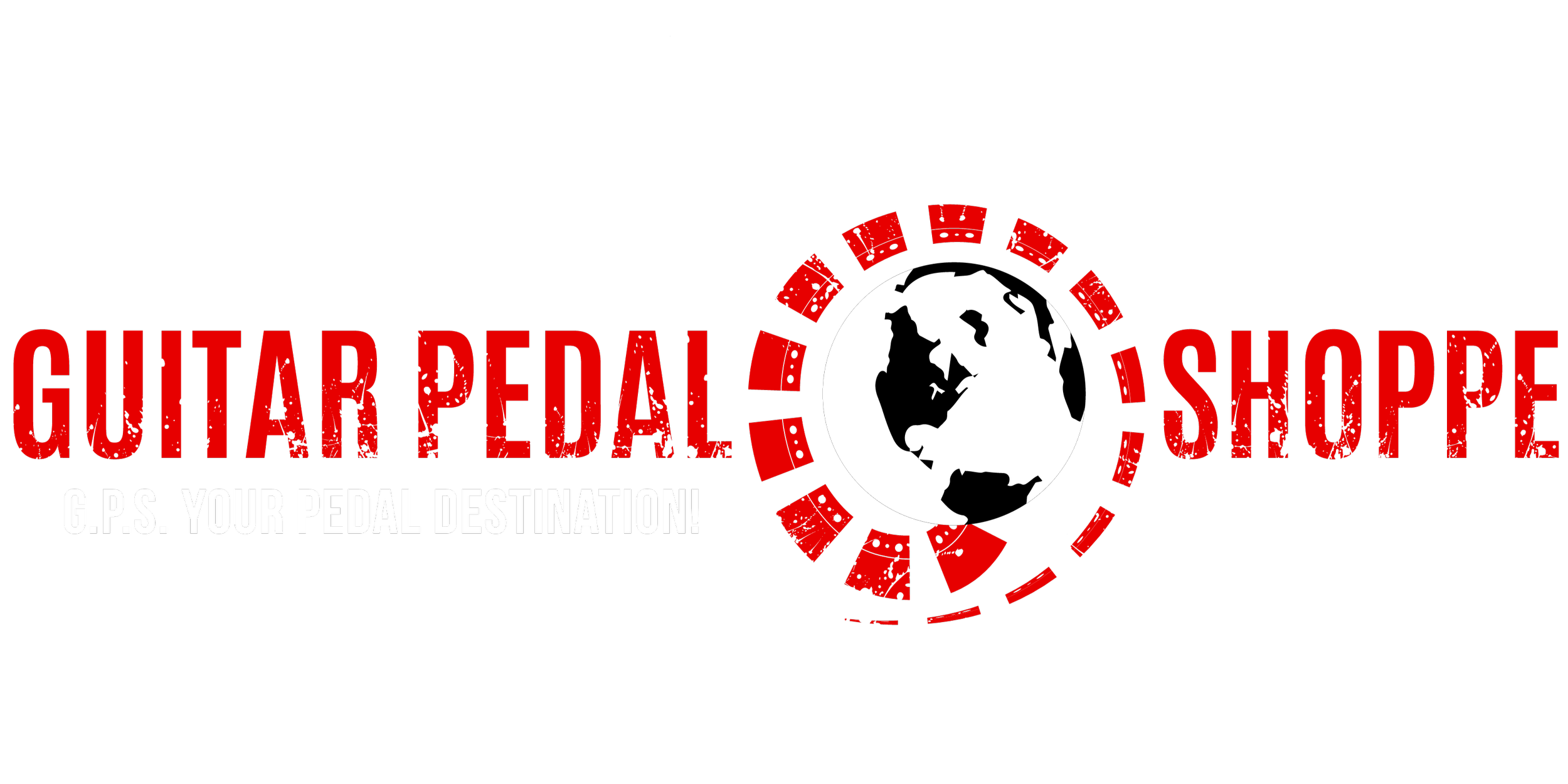 Logo for Guitarfedalshop, featuring a black background, red distressed text reading 'GUITAR PEDAL SHOPPE,' a black and white globe illustration, and the tagline 'G.P.S. YOUR PEDAL DESTINATION!'