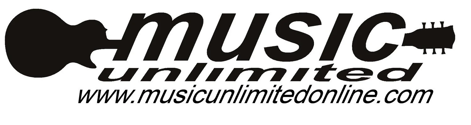 Logo for Music Unlimited featuring a guitar silhouette and the website URL musicunlimitedonline.com